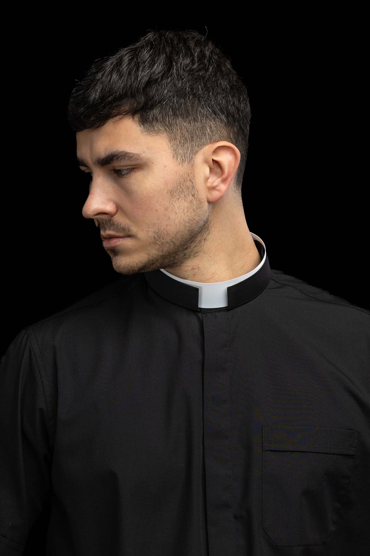 Camicia clergy romana nera a maniche corte con colletto romano