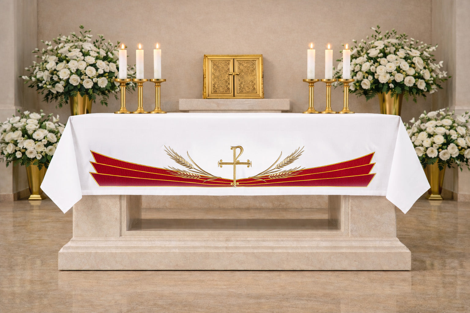 Obrus ołtarzowy z haftowanym symbolem Pax