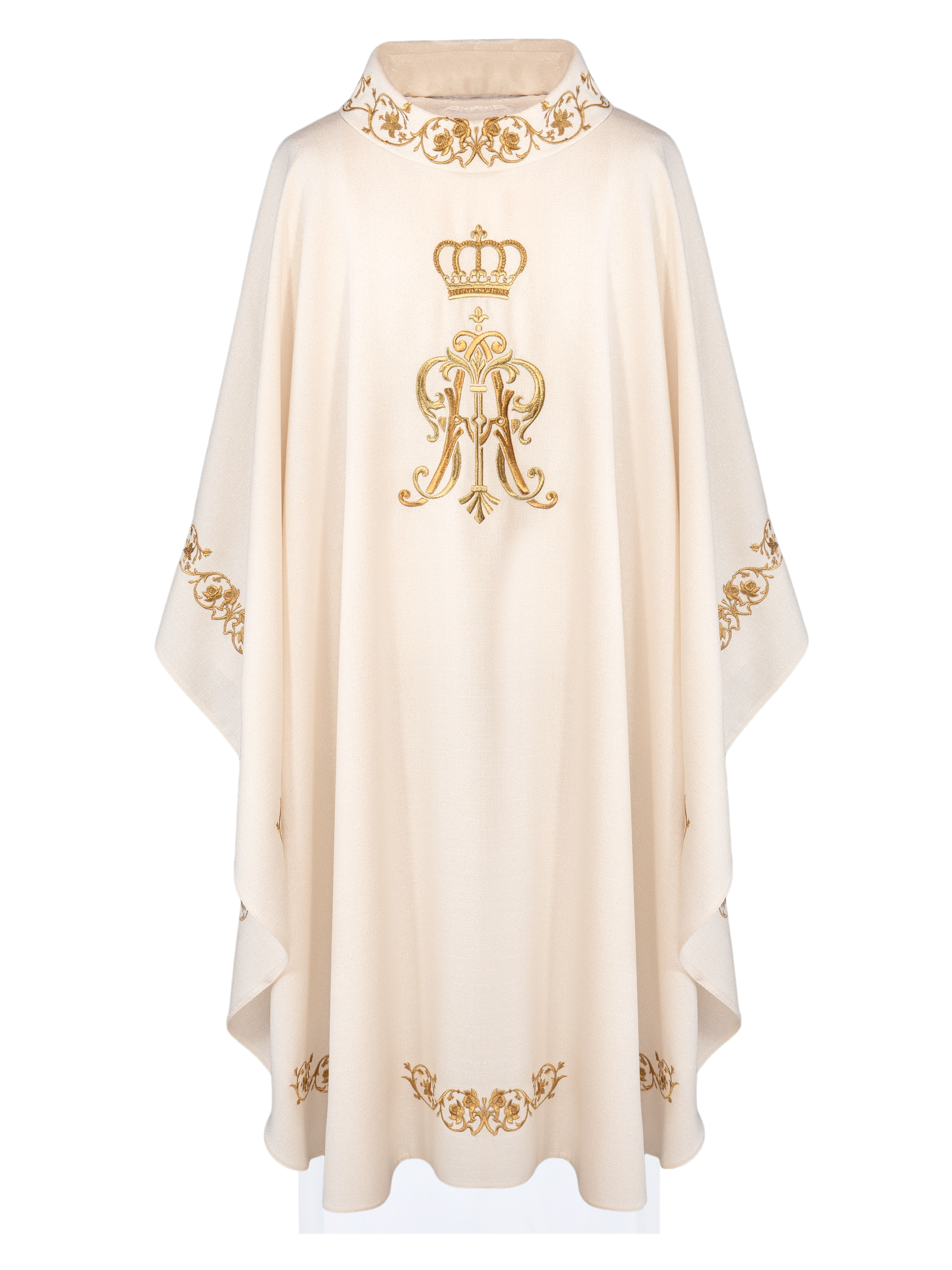 Casula liturgica ricamata con stemma mariano e corona