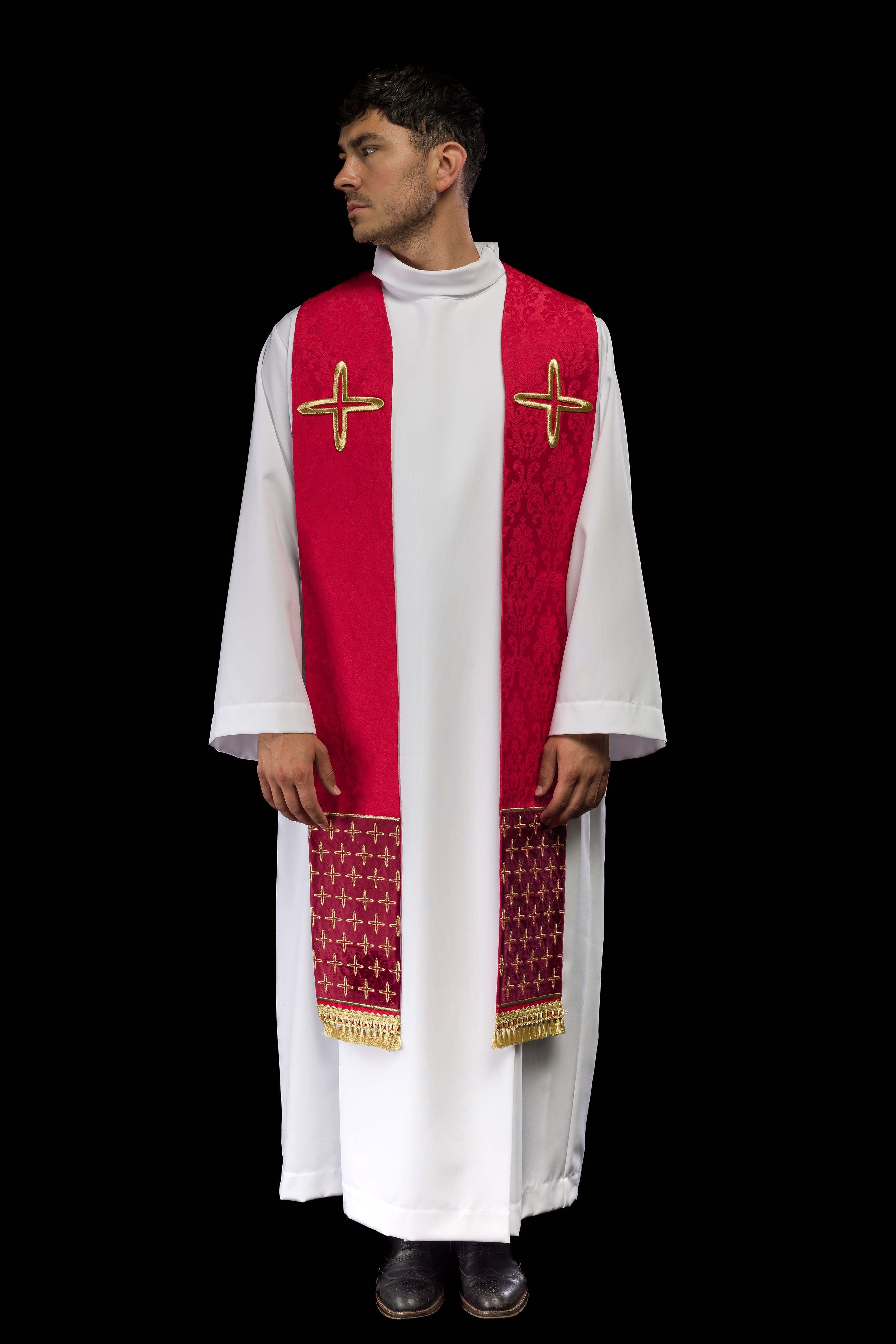 Stola ricamata in tessuto jacquard con motivi di croci rossa