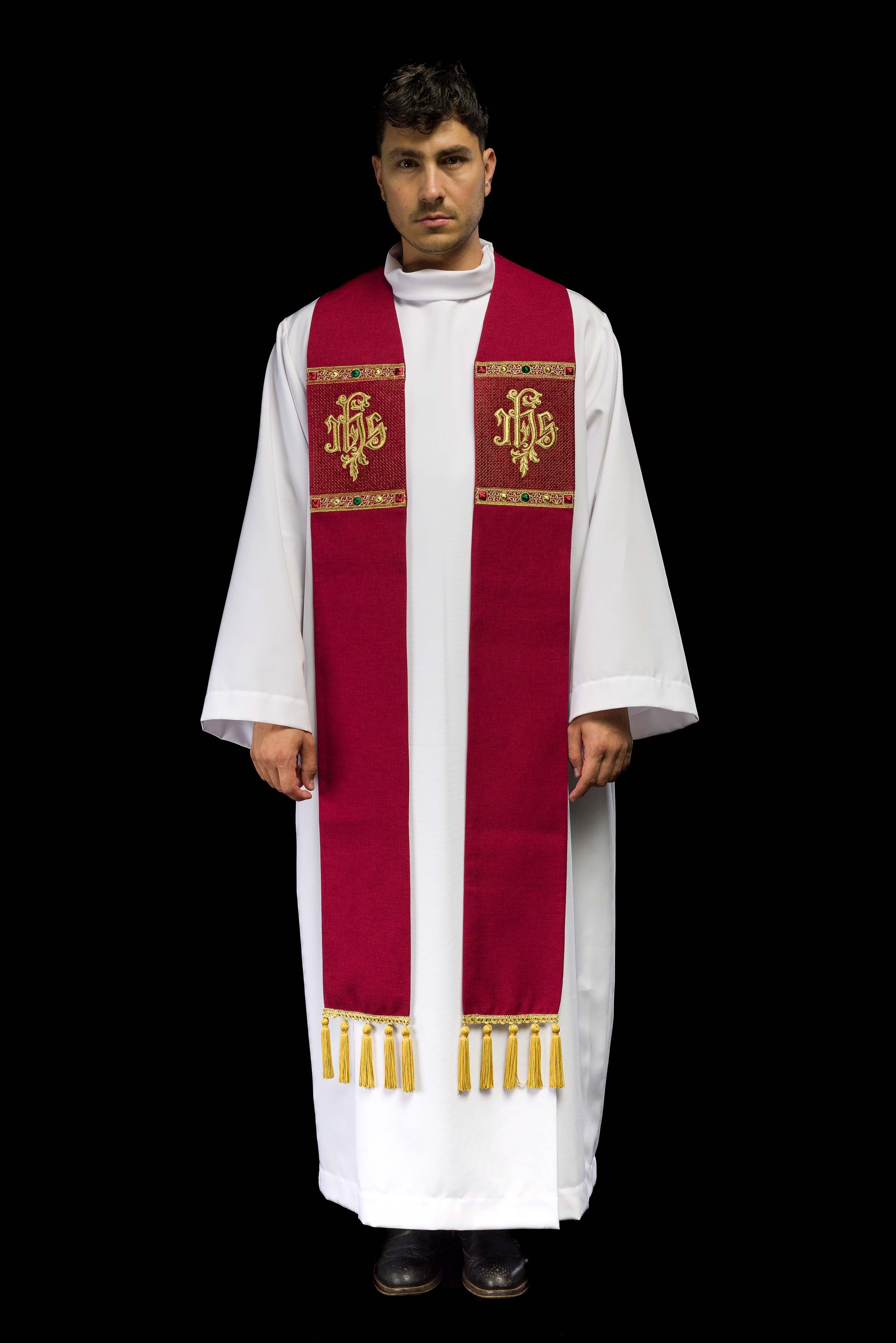 Stola liturgica rossa ricamata con simbolo IHS