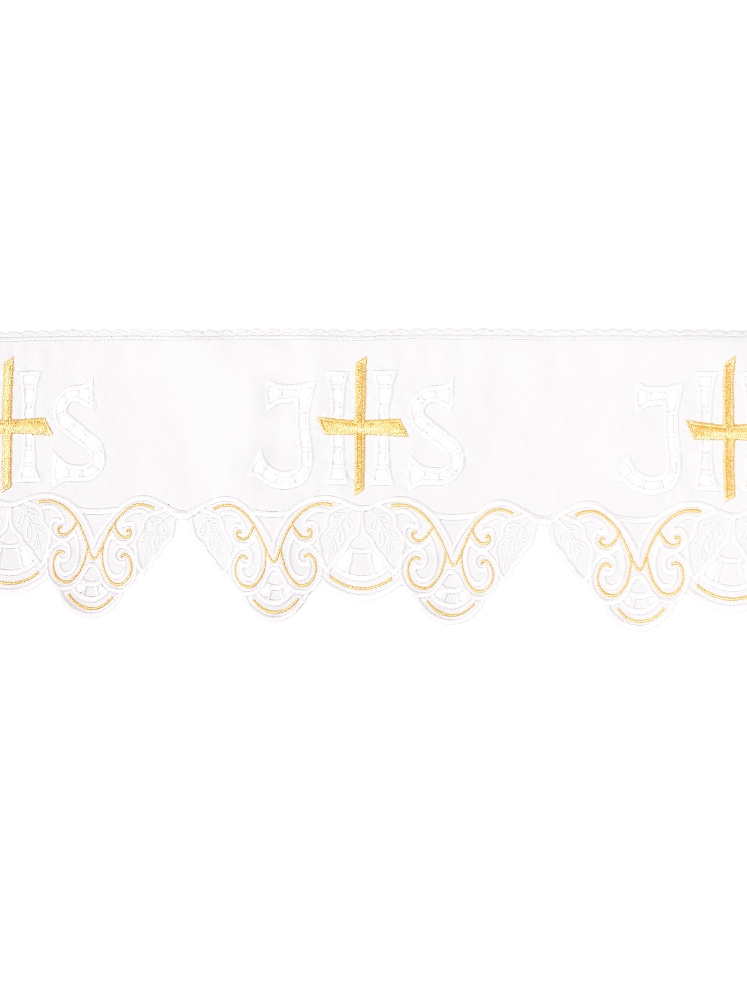 Balza per tovaglia d'altare con ricamo frontale IHS Croce Bianco KOM/058/04 19cm 3,5m - PERILPRETE.IT