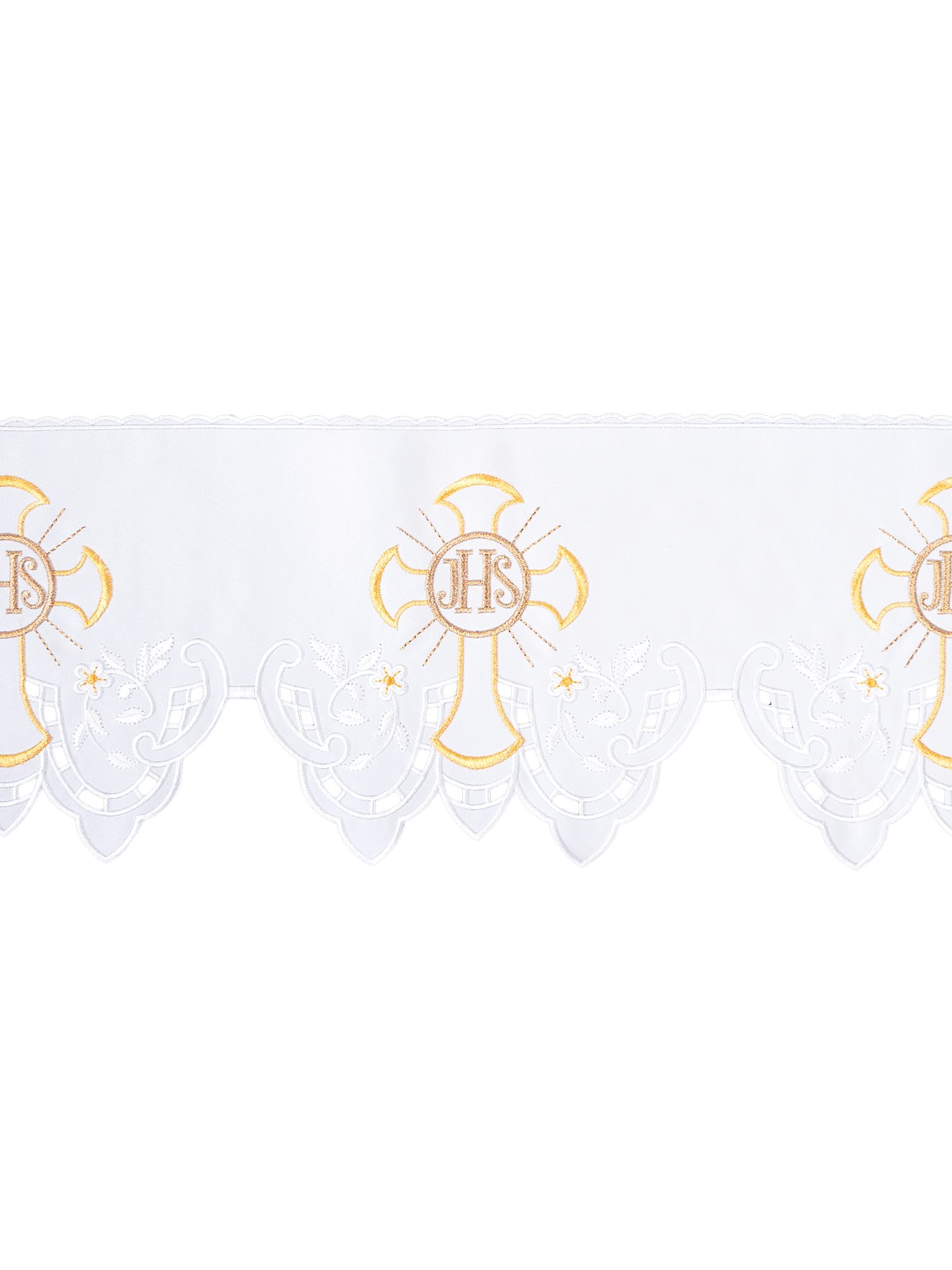 Balza per tovaglia d'altare con ricamo frontale IHS Croce Bianco KOM/055/04 22cm 3,5m - PERILPRETE.IT