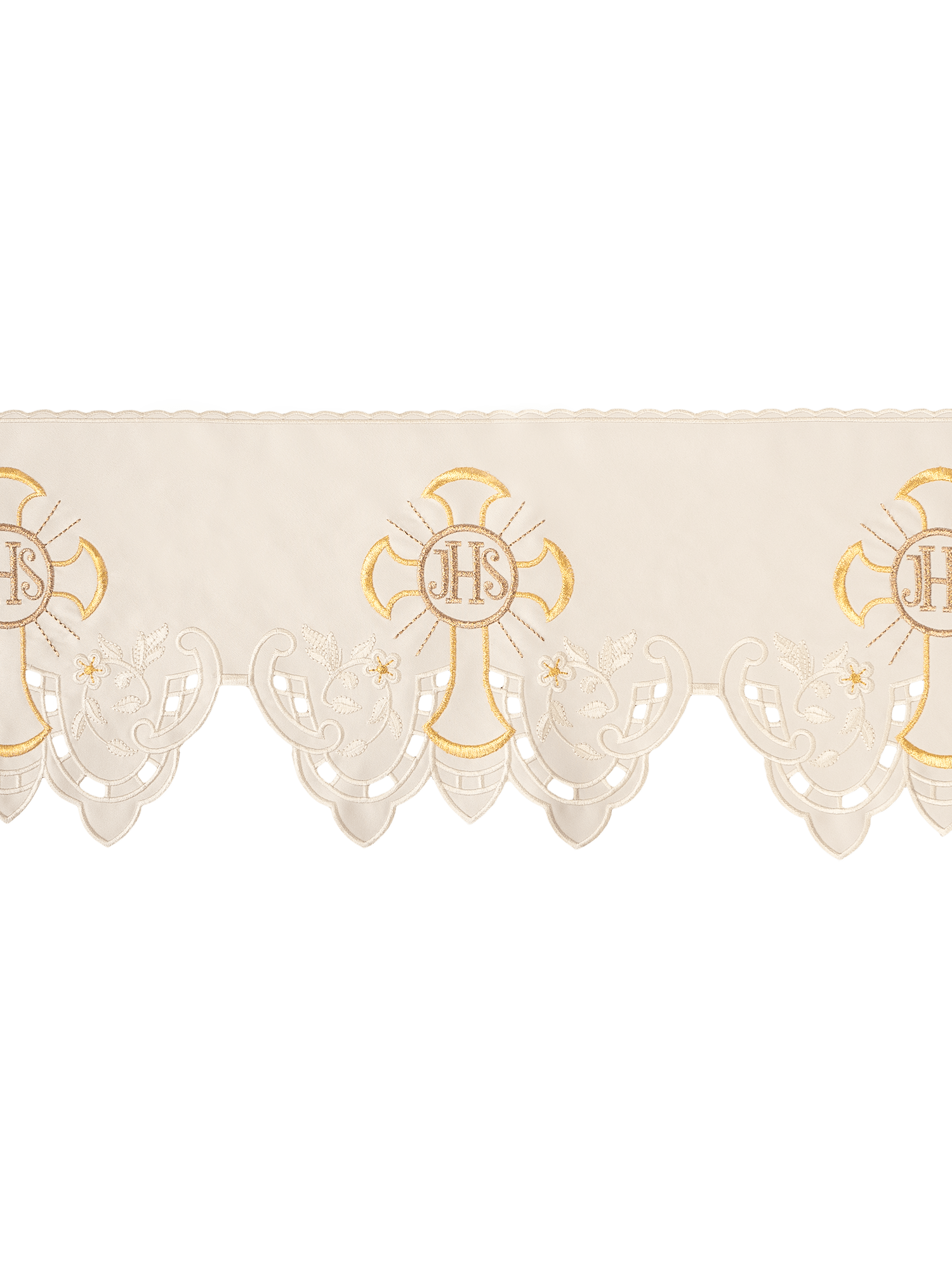 Balza per tovaglia d'altare con ricamo frontale IHS Croce ecru KOM/055/05 22cm 3,5m - PERILPRETE.IT