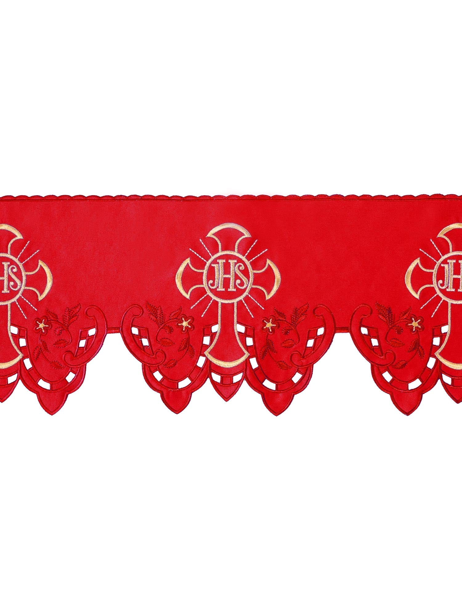 Balza per tovaglia d'altare con ricamo frontale IHS Croce Rosso KOM/055/02 22cm 3,5m - PERILPRETE.IT