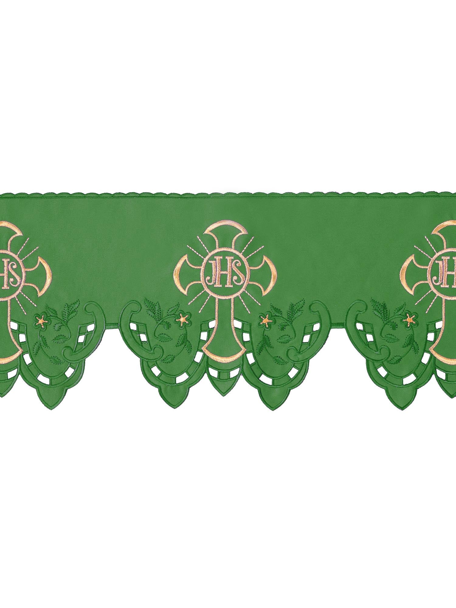 Balza per tovaglia d'altare con ricamo frontale IHS Croce Verde KOM/055/01 22cm 3,5m - PERILPRETE.IT