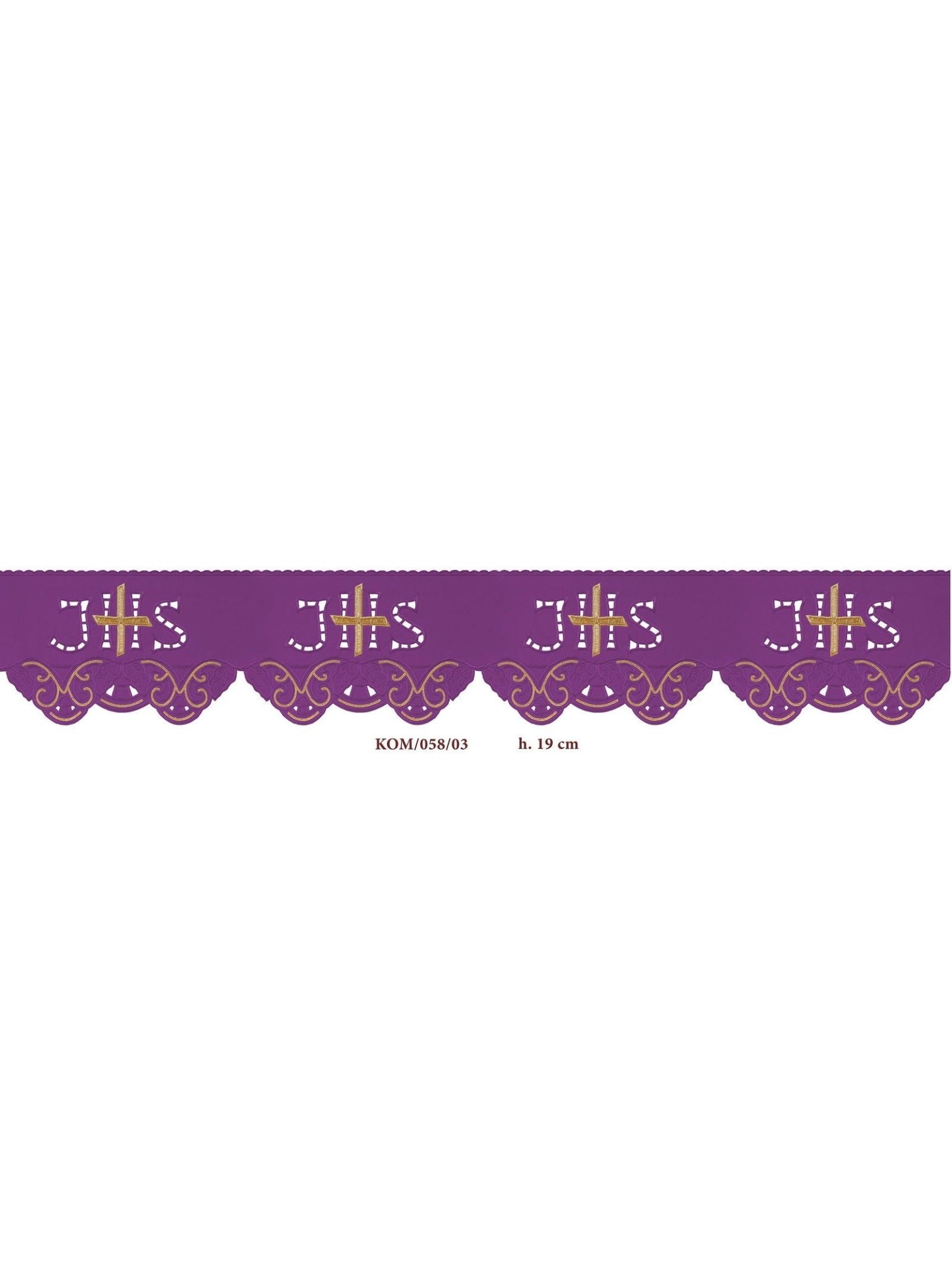 Balza per tovaglia d'altare con ricamo frontale IHS Croce Viola KOM/058/03 19cm 3,5m - PERILPRETE.IT