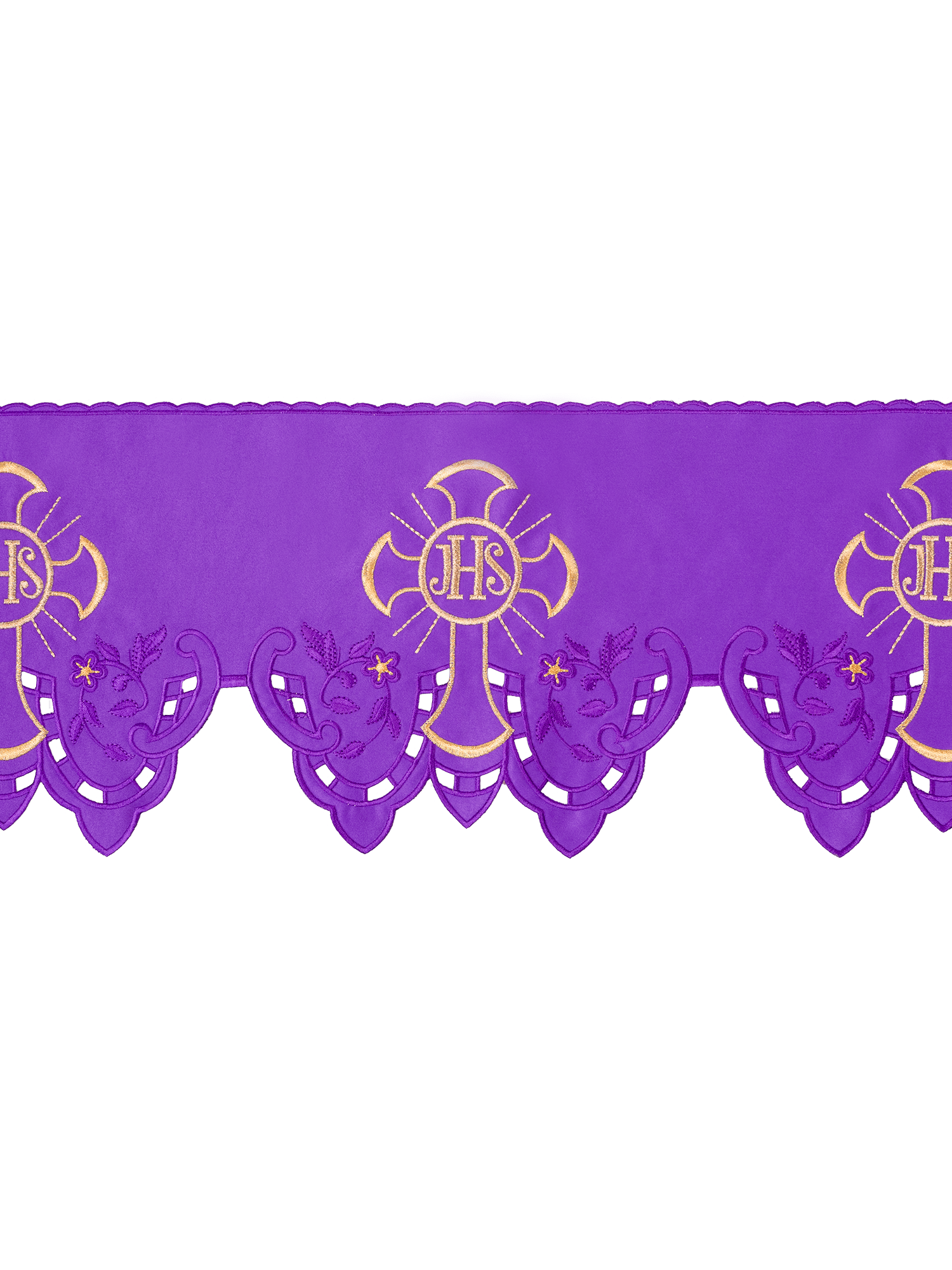 Balza per tovaglia d'altare con ricamo frontale IHS Croce Viola KOM/055/03 22cm 3,5m - PERILPRETE.IT