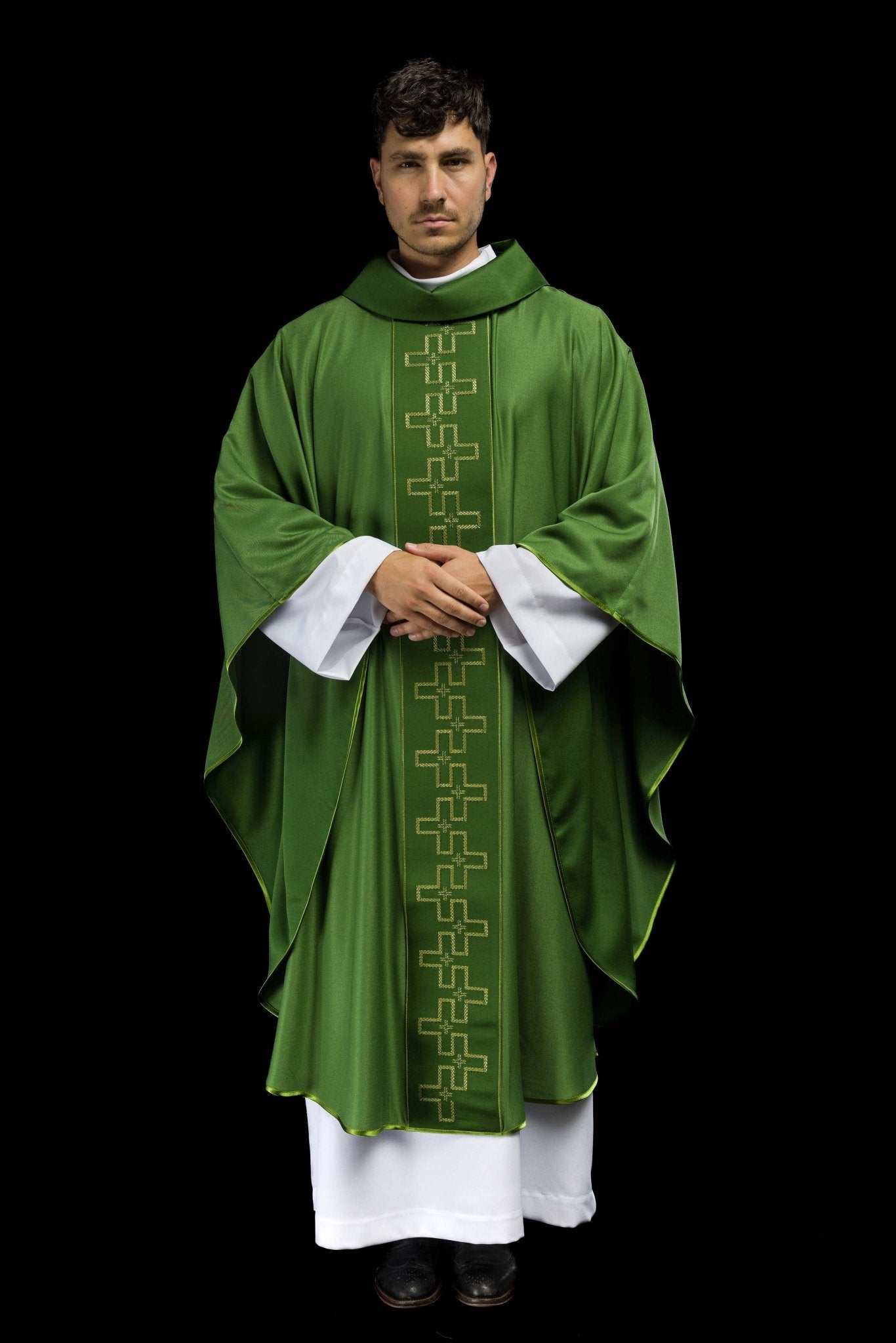 Casula con cintura riccamente ricamata con ricamo a croce in verde S-7060-01-53 - PERILPRETE.IT