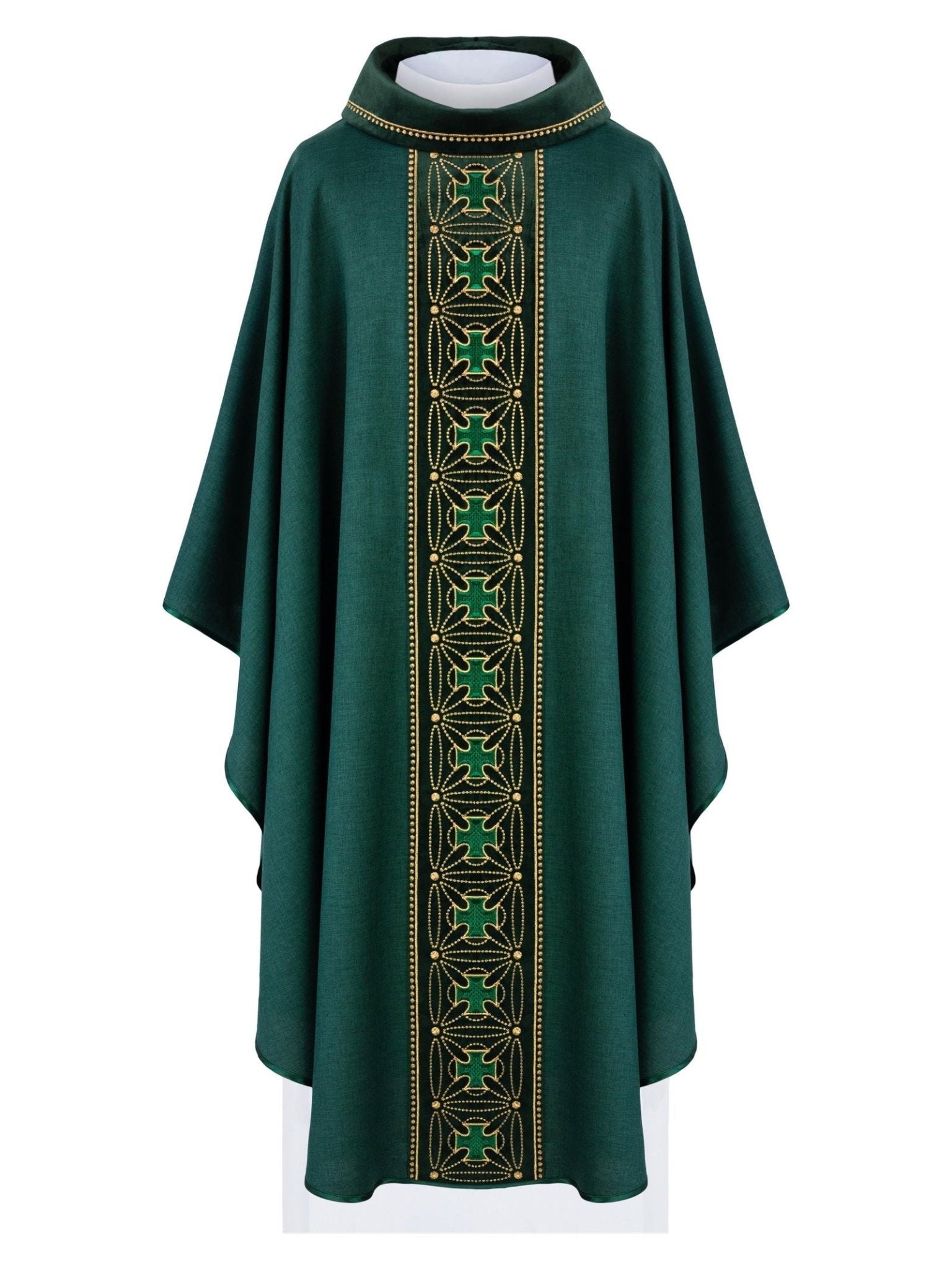 Casula liturgica con cintura riccamente decorata in croci di colore verde S - 7071 - 01 - 70 - PERILPRETE.IT