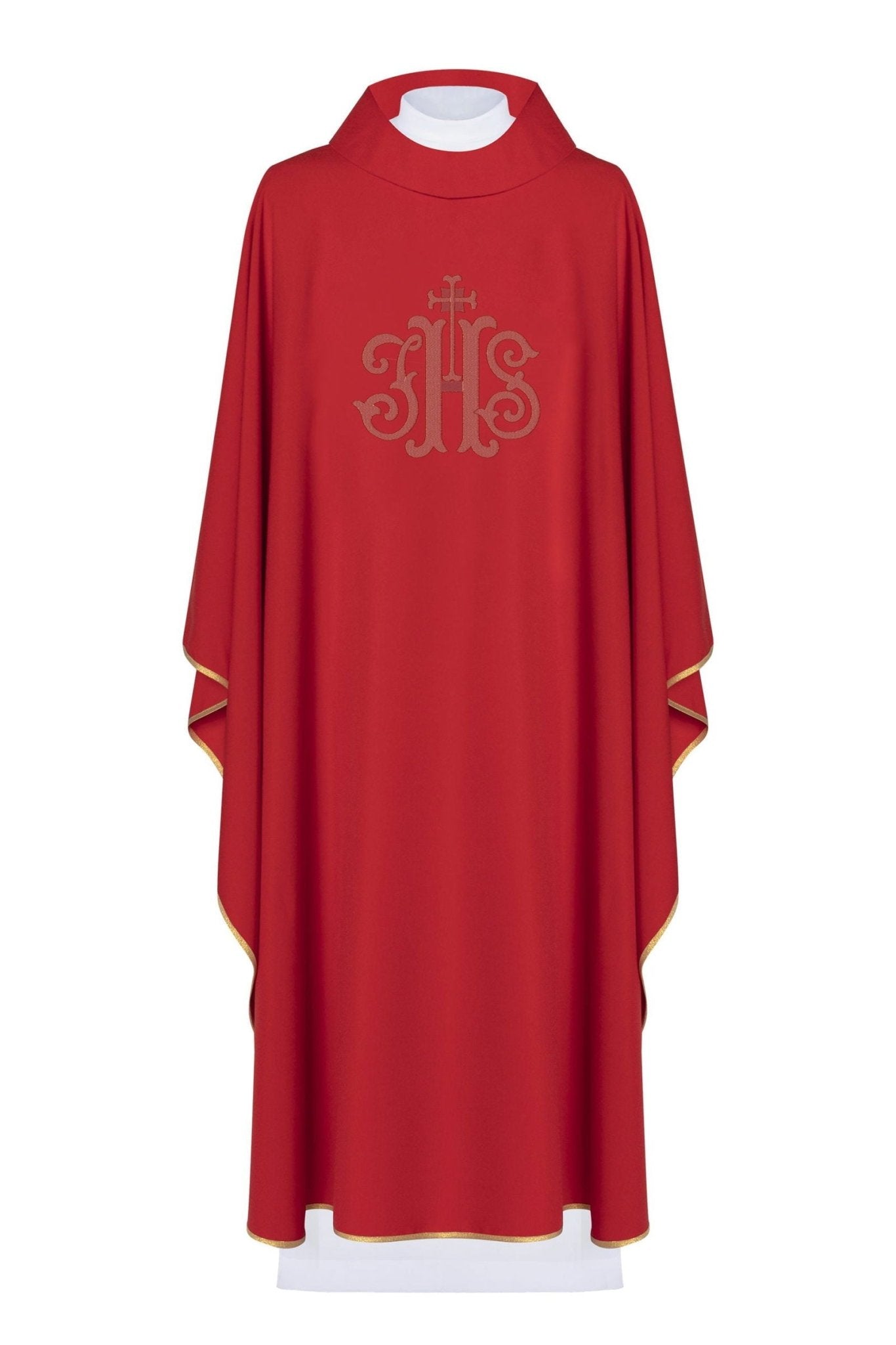 Casula liturgica IHS ricamata in rosso con ampio collo KOR/210/02/12/KARO CZERWONY - PERILPRETE.IT