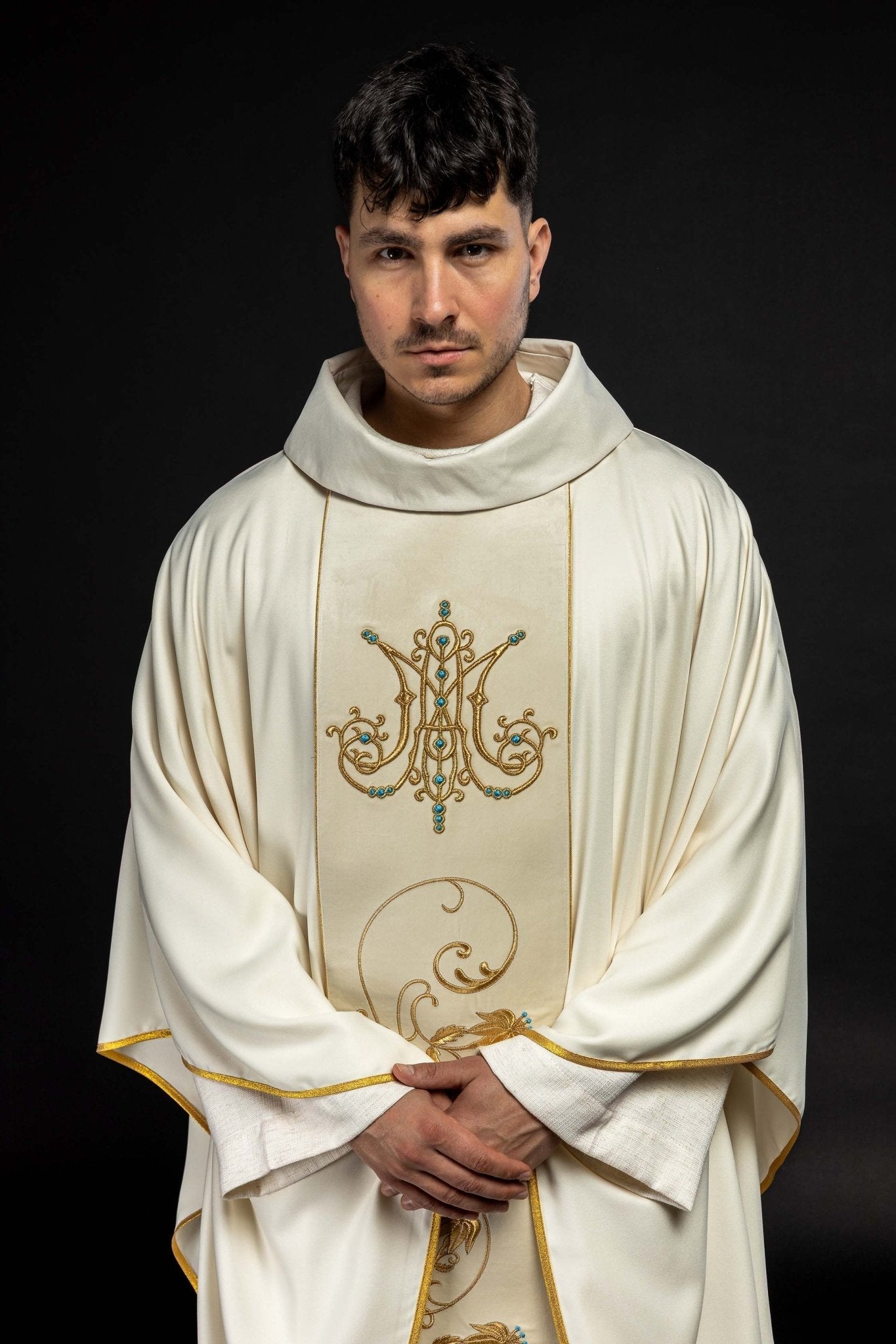 Casula liturgica mariana con stolone vellutato écru KOR/372/05/53/PA ECRU - PERILPRETE.IT