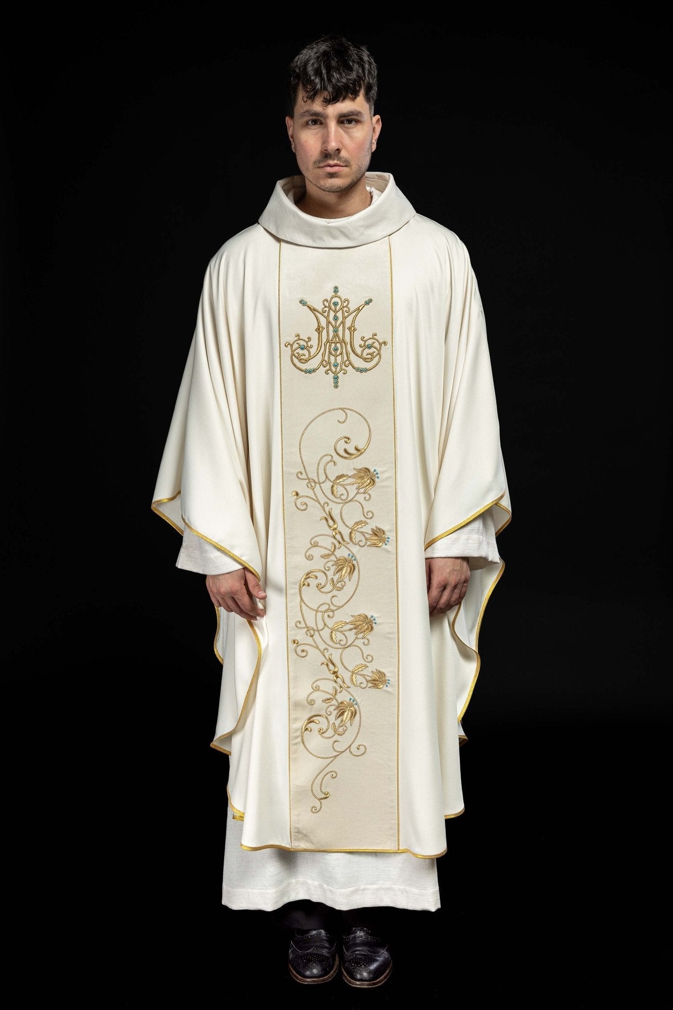 Casula liturgica mariana con stolone vellutato écru KOR/372/05/53/PA ECRU - PERILPRETE.IT