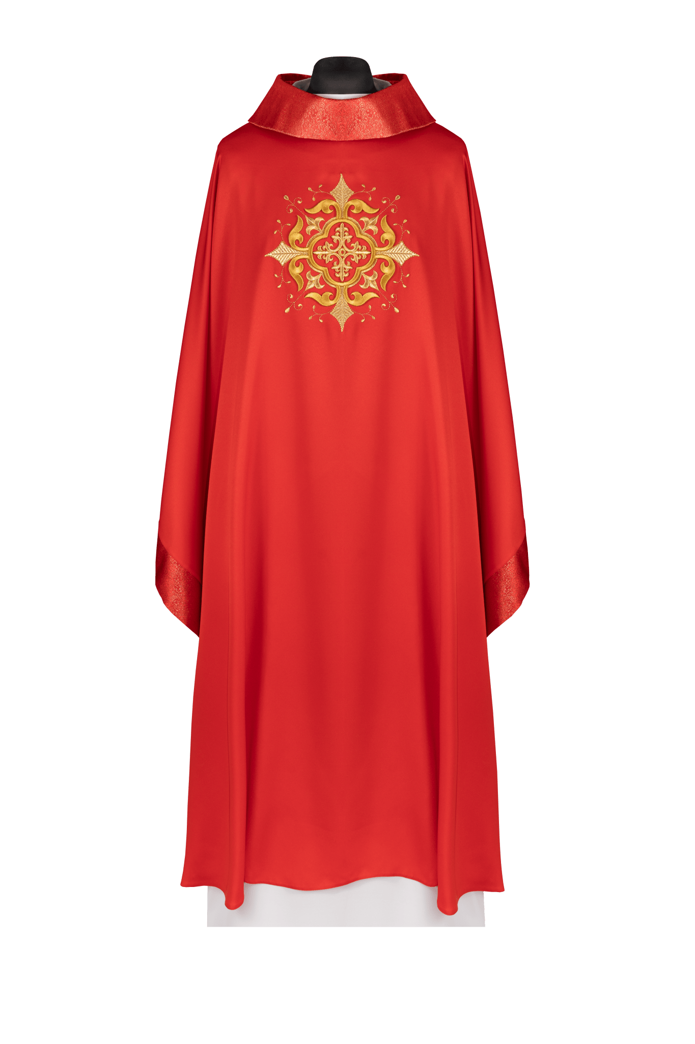 Casula liturgica rossa con motivo ricamato della croce e finiture pregiate KDT/7021/02/53 - PERILPRETE.IT