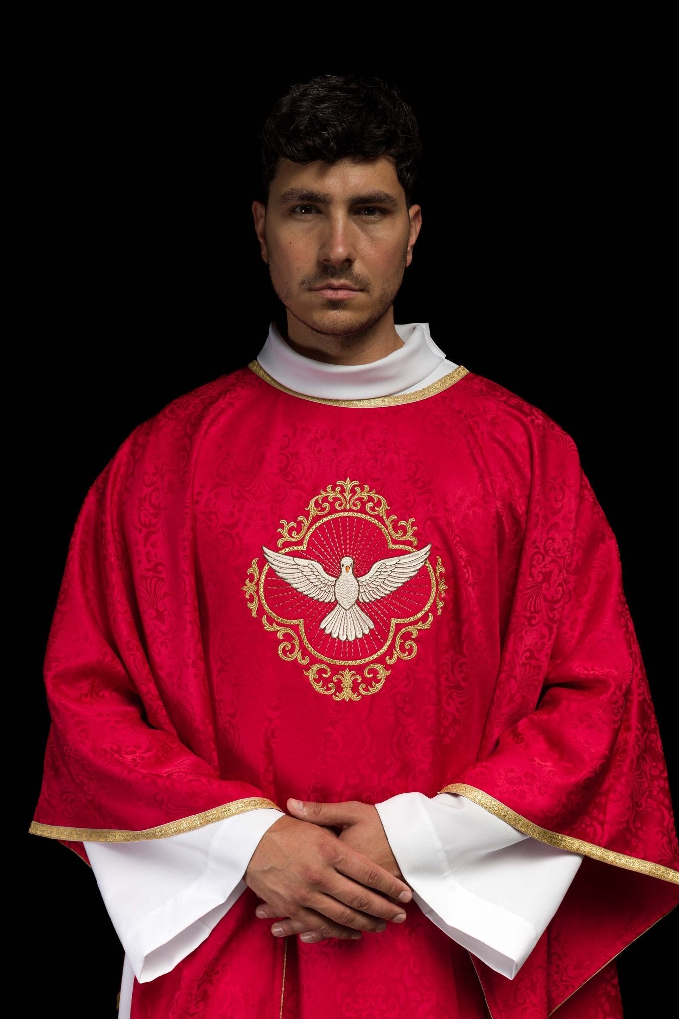 Casula ricamata con lo Spirito Santo su tessuto jacquard KOA/003/02/98 - PERILPRETE.IT