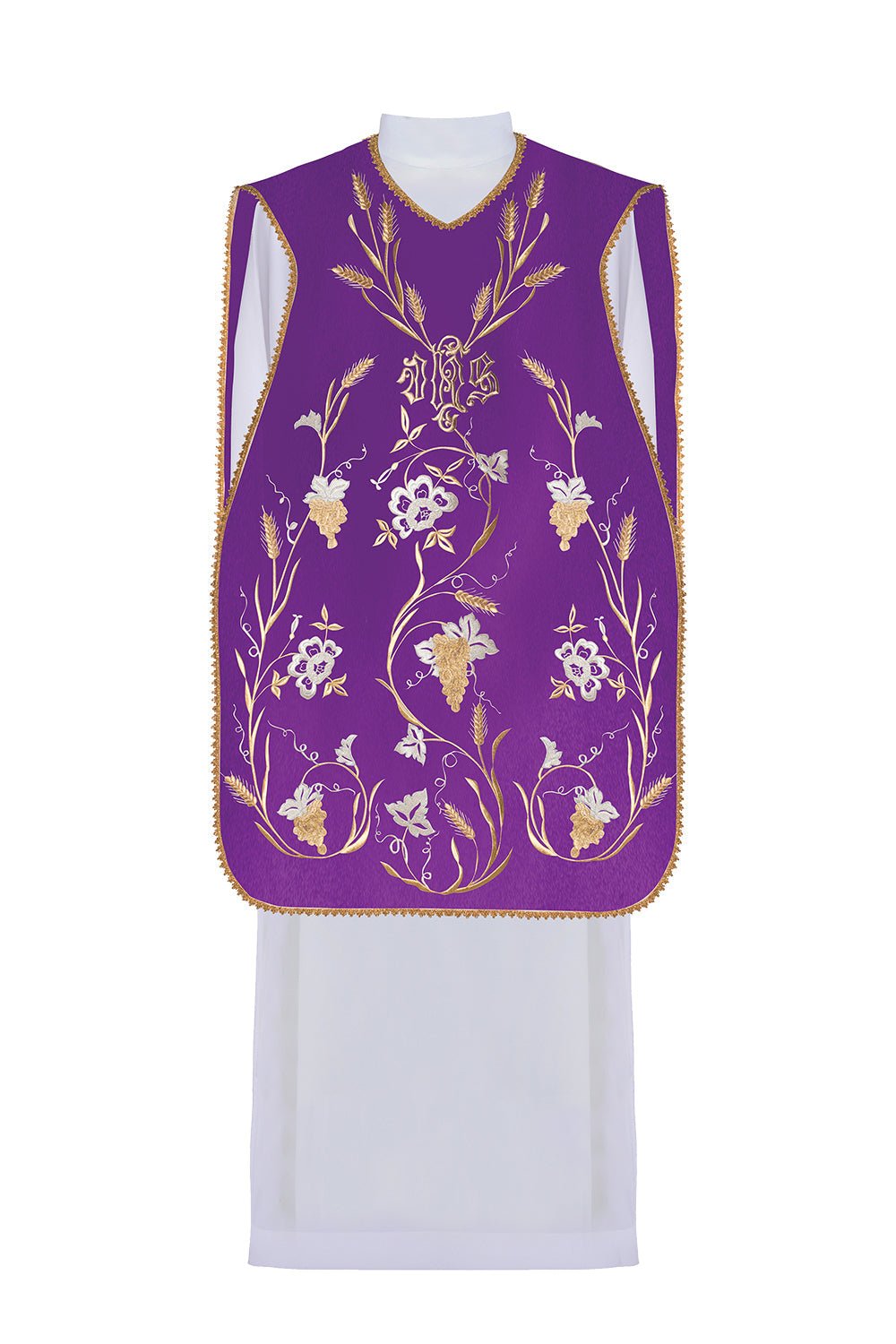 Casula Romana Viola con ricamo Calice IHS Spighe di grano e Uva KOR/122/03/01 FIOLET - PERILPRETE.IT