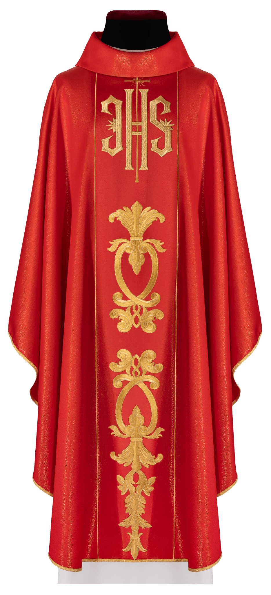 Casula rossa riccamente decorata con motivo dorato e ampia fascia IHS KDT/7001/02/54 CZERWONY - PERILPRETE.IT