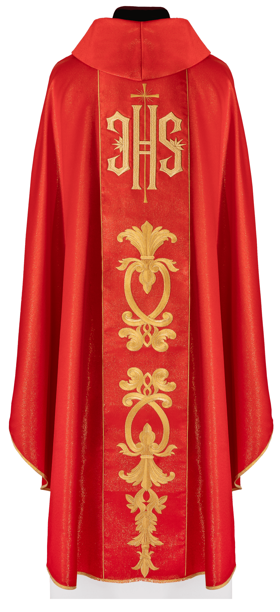 Casula rossa riccamente decorata con motivo dorato e ampia fascia IHS KDT/7001/02/54 CZERWONY - PERILPRETE.IT