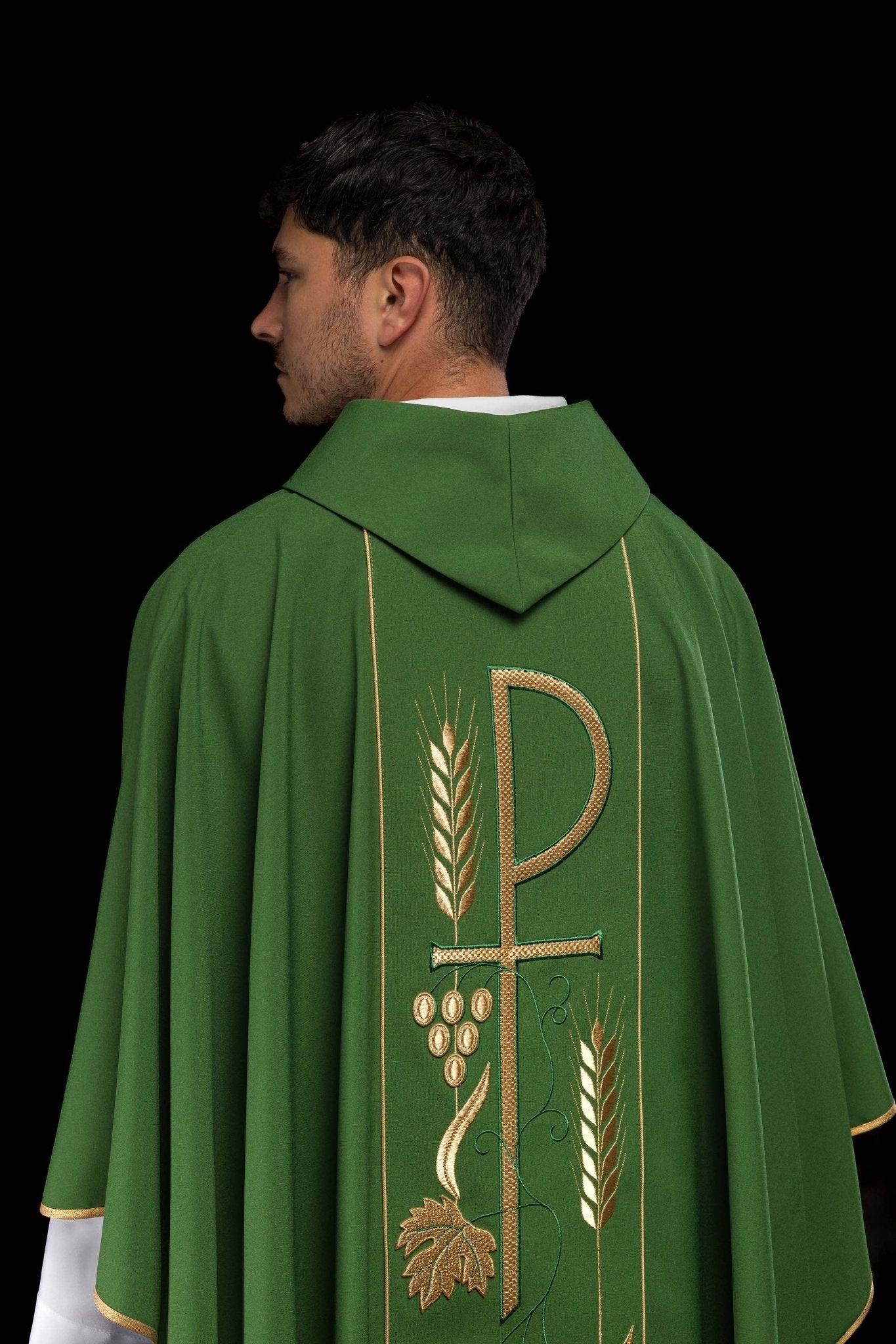 Casula Verde con ricamo Calice e IHS KOR/001/01/01 ZIELONY - PERILPRETE.IT