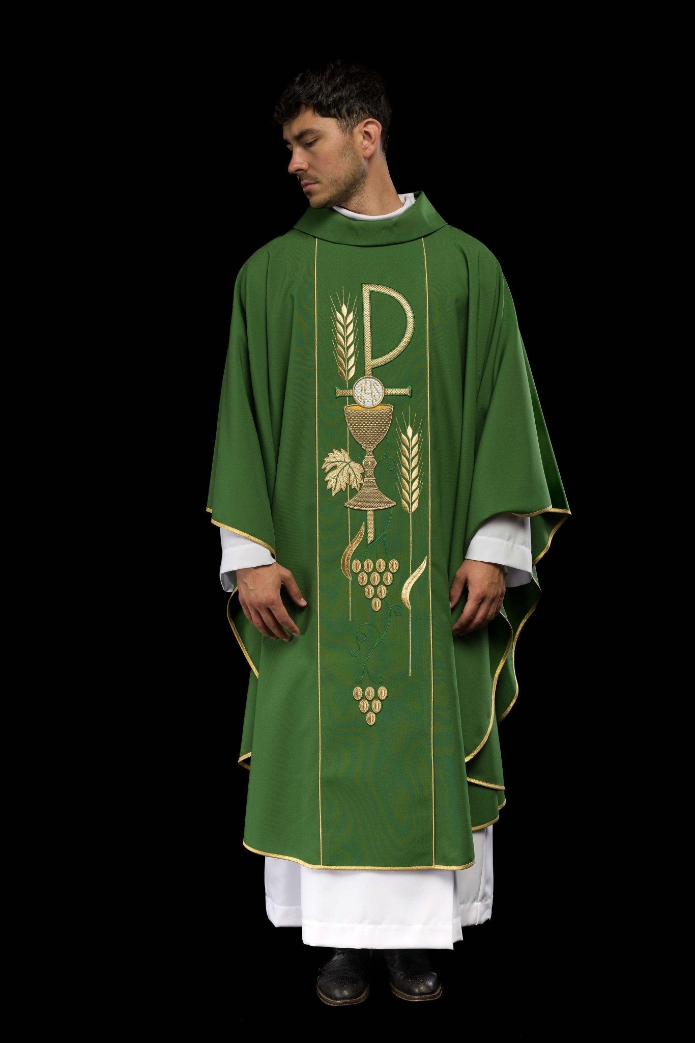 Casula Verde con ricamo Calice e IHS KOR/001/01/01 ZIELONY - PERILPRETE.IT