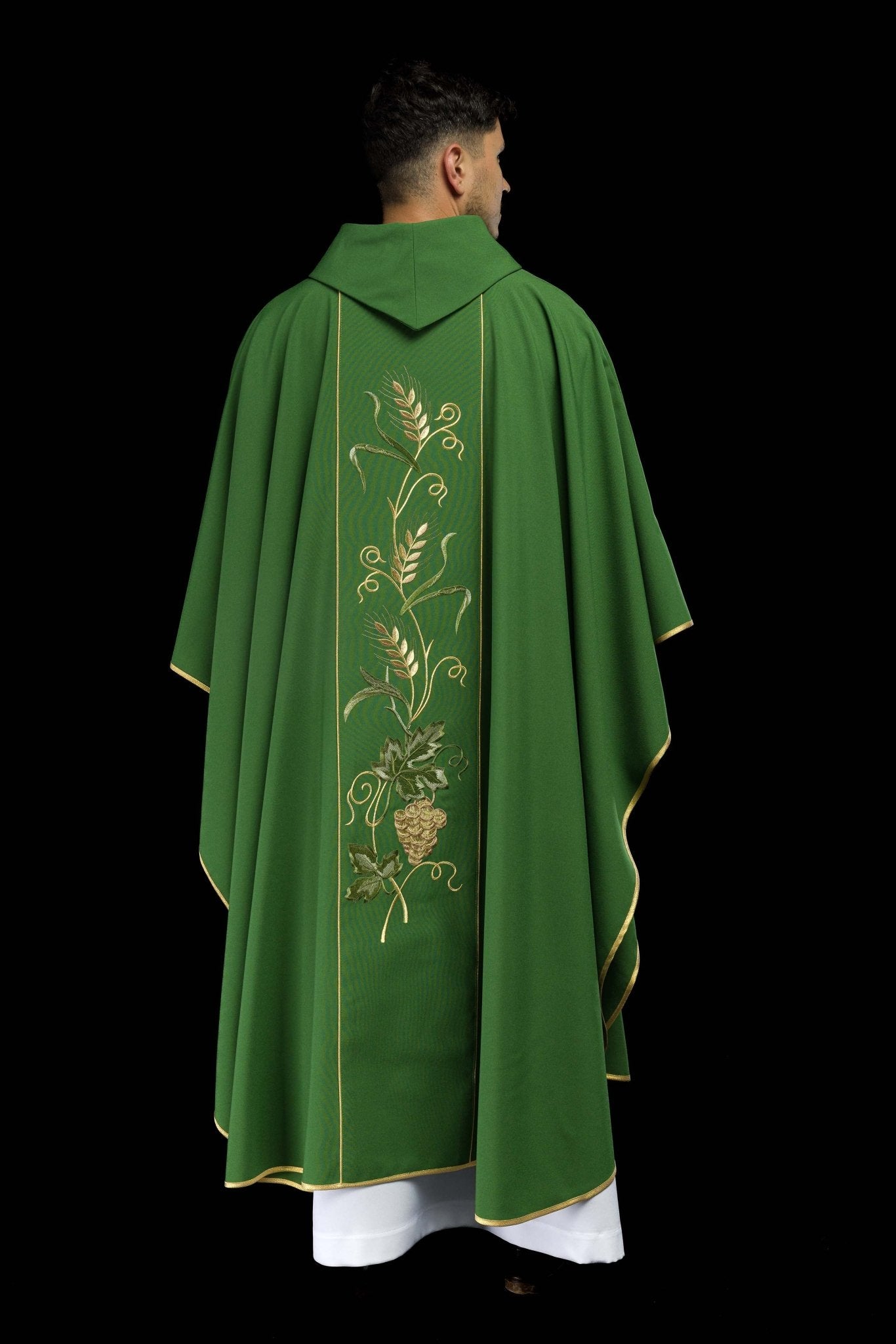 Casula Verde con stolone ricamato IHS, Spighe e Uva KOR/117/01/01 ZIELONY - PERILPRETE.IT