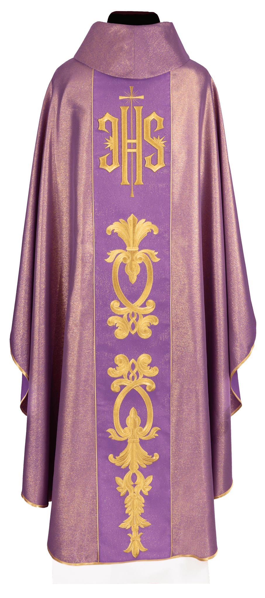 Casula viola riccamente decorata con motivo dorato e ampia fascia IHS KDT/7001/03/54 FIOLET - PERILPRETE.IT