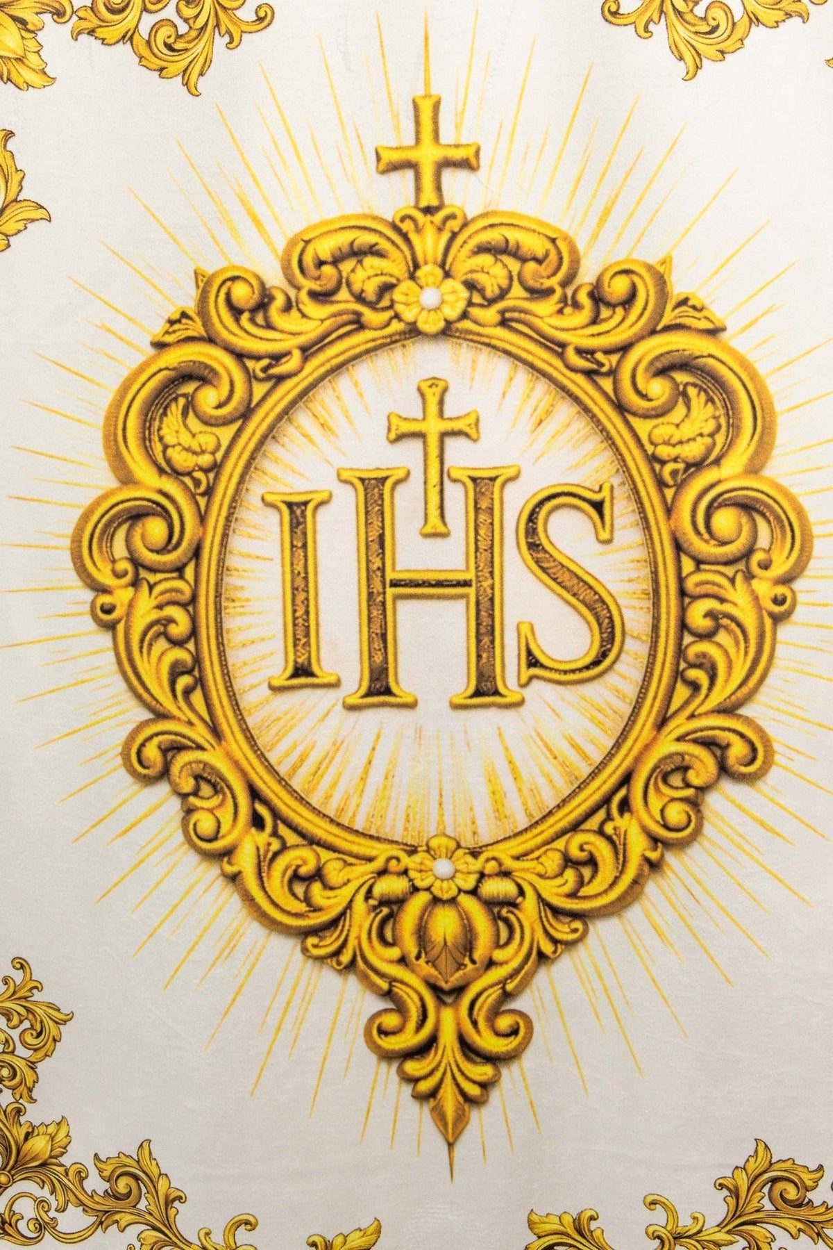Chorągiew drukowana dwustronna z symbolem Najświętszego Serca Pana Jezusa i IHS