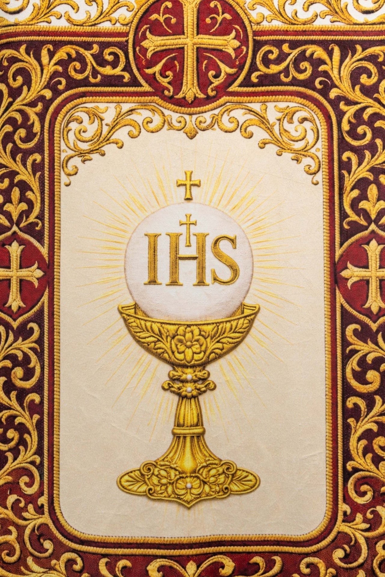 Chorągiew drukowana dwustronna z symbolem Najświętszego Serca Pana Jezusa i kielichem IHS