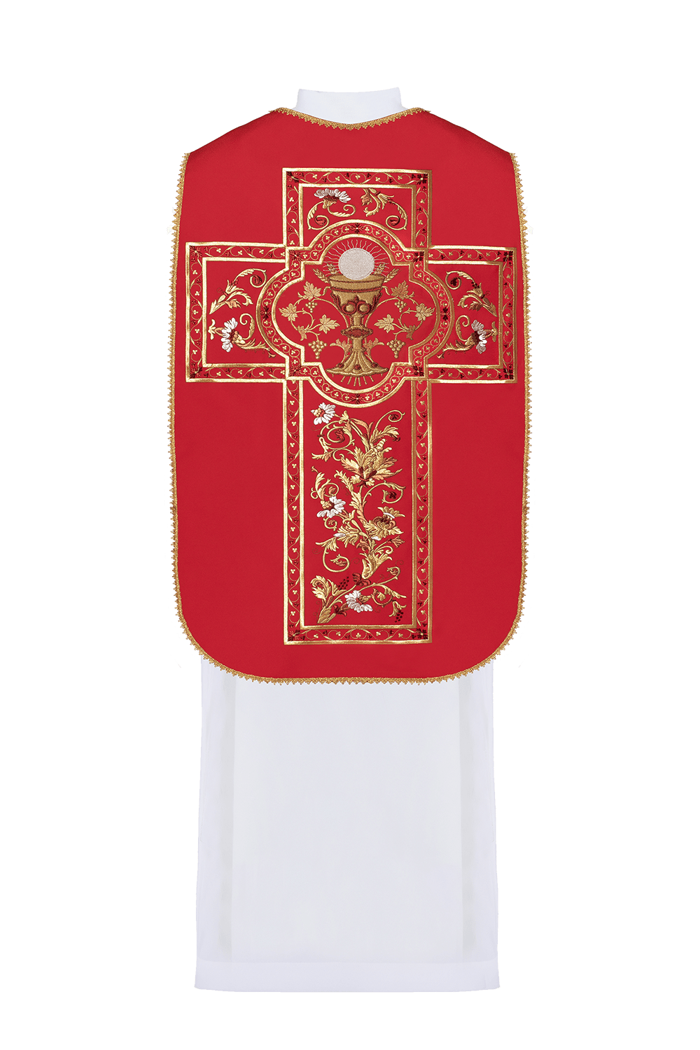 Czerwony ornat rzymski haftowany z motywem kielicha eucharystycznego