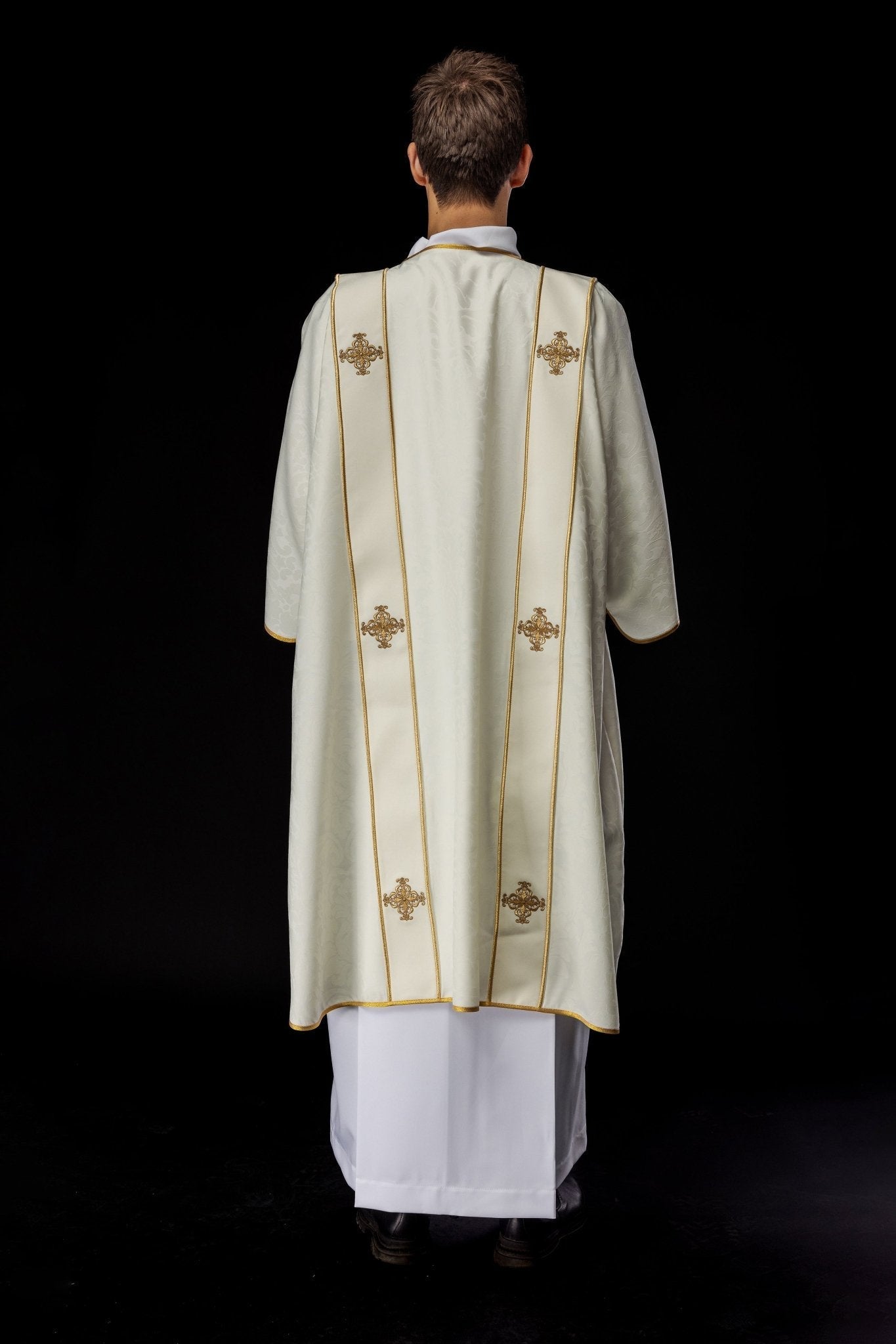 Dalmata con strisce e croci dorate ricamate su jacquard écru KDL/284/05/81/B - PERILPRETE.IT