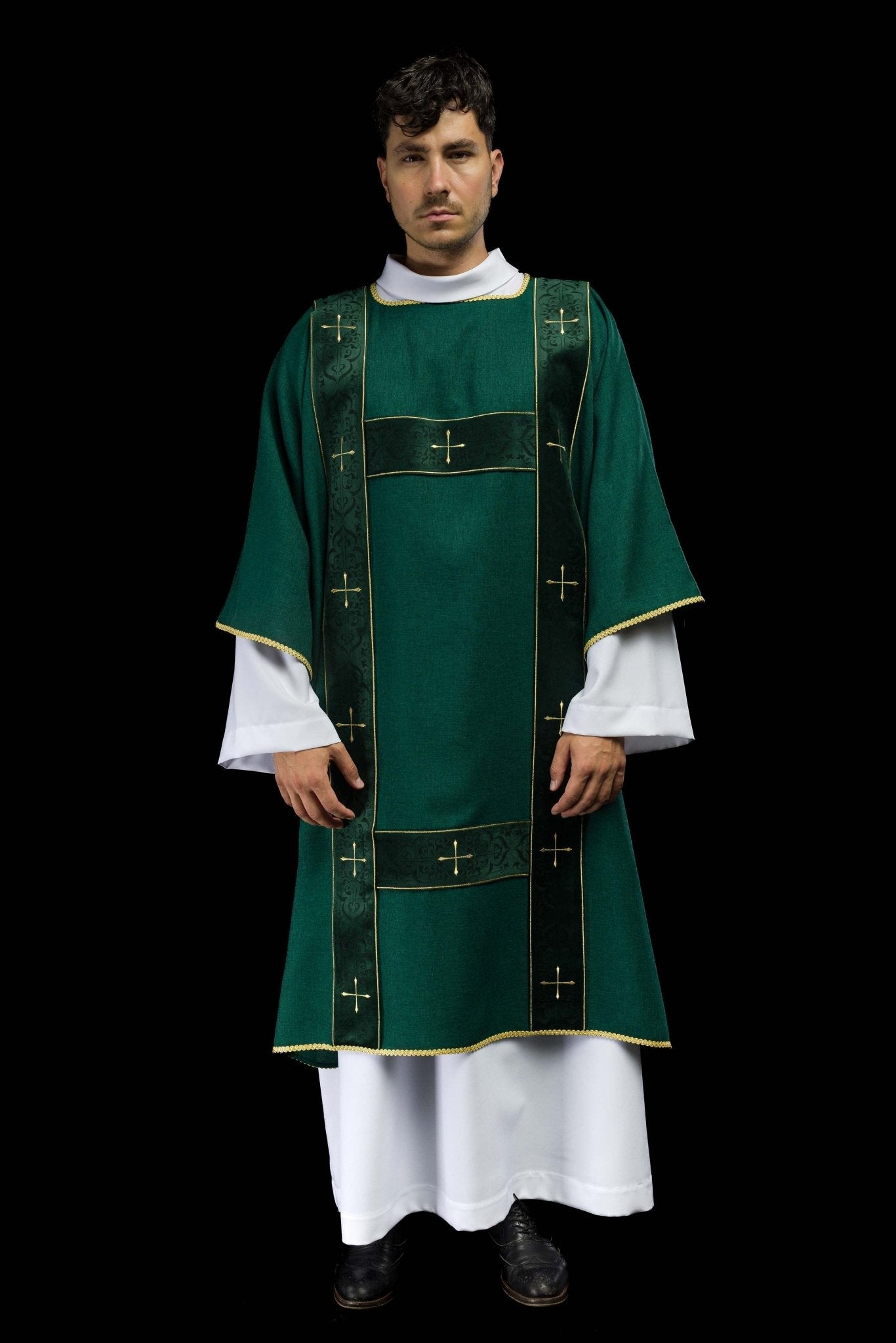 Dalmatica con fasce in velluto e croci dorate ricamate verde LE/1073/01/B - PERILPRETE.IT