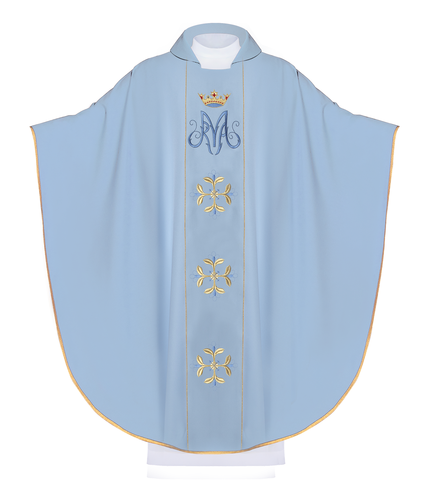 Casula liturgica mariana di colore blu con ampio colletto e stolone