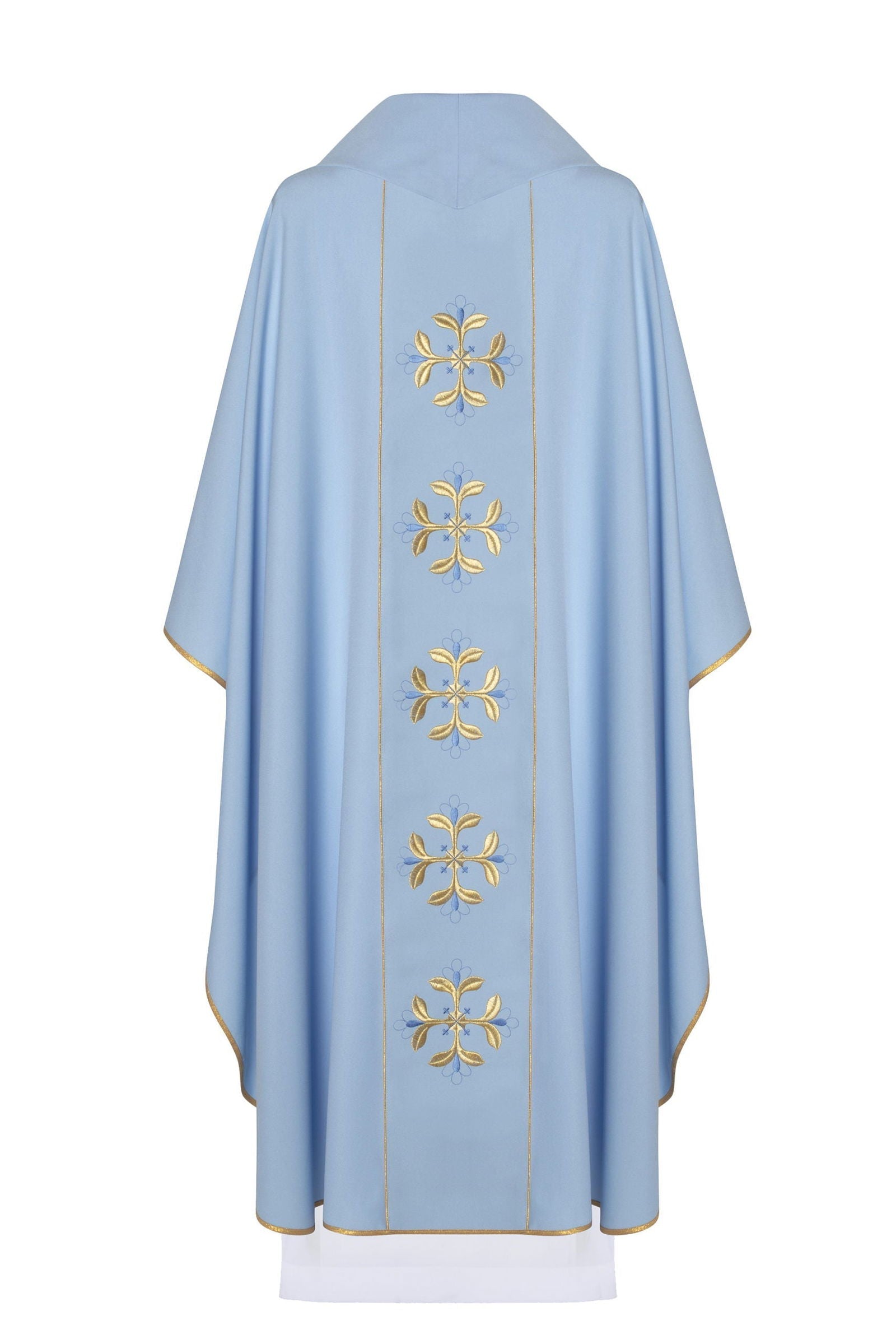 Casula liturgica mariana di colore blu con ampio colletto e stolone