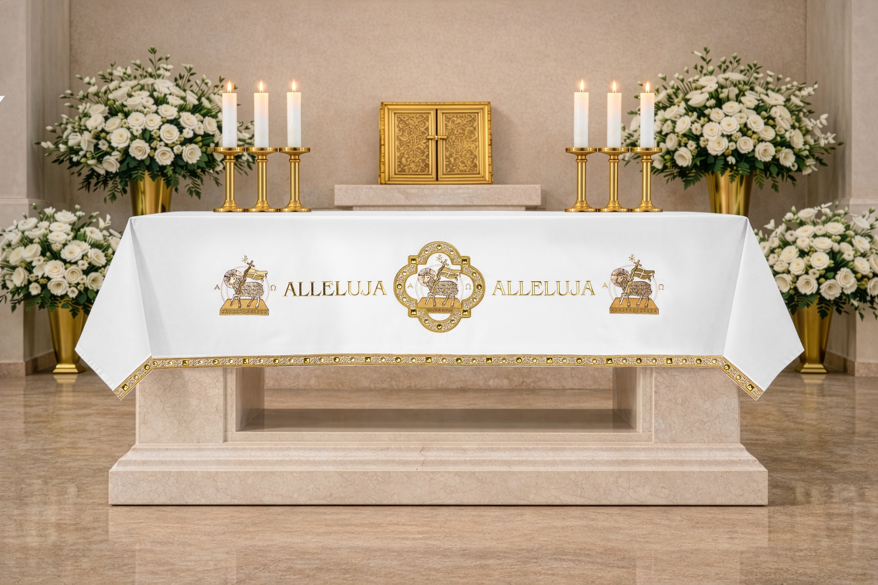 Tovaglia d’altare pasquale con ricamo dell’Agnello