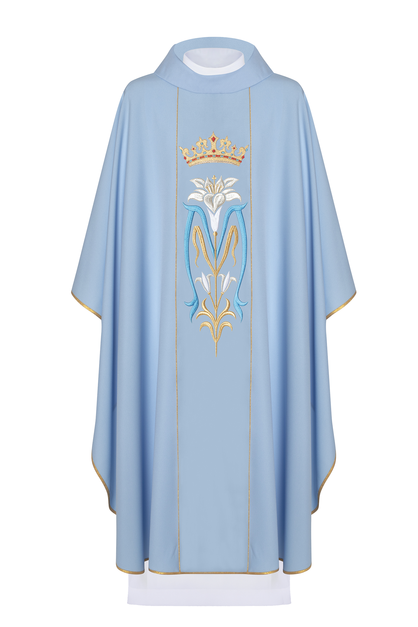 Casula liturgica mariana ricamata con corona blu