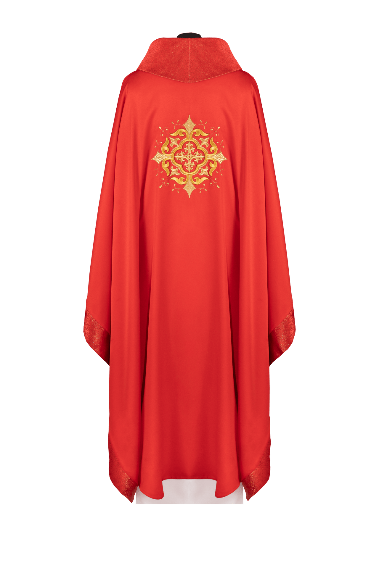 Ornat liturgiczny z haftowanym motywem krzyża i bogatym wykończeniem czerwony