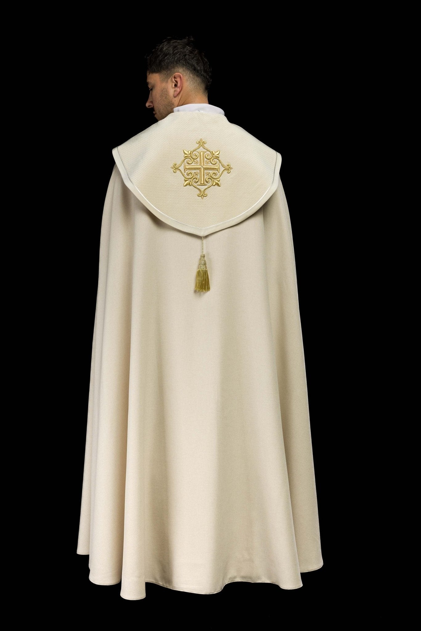 Piviale liturgico con banda in velluto écru e ricamo di croci LE/3029/05 145 cm - PERILPRETE.IT