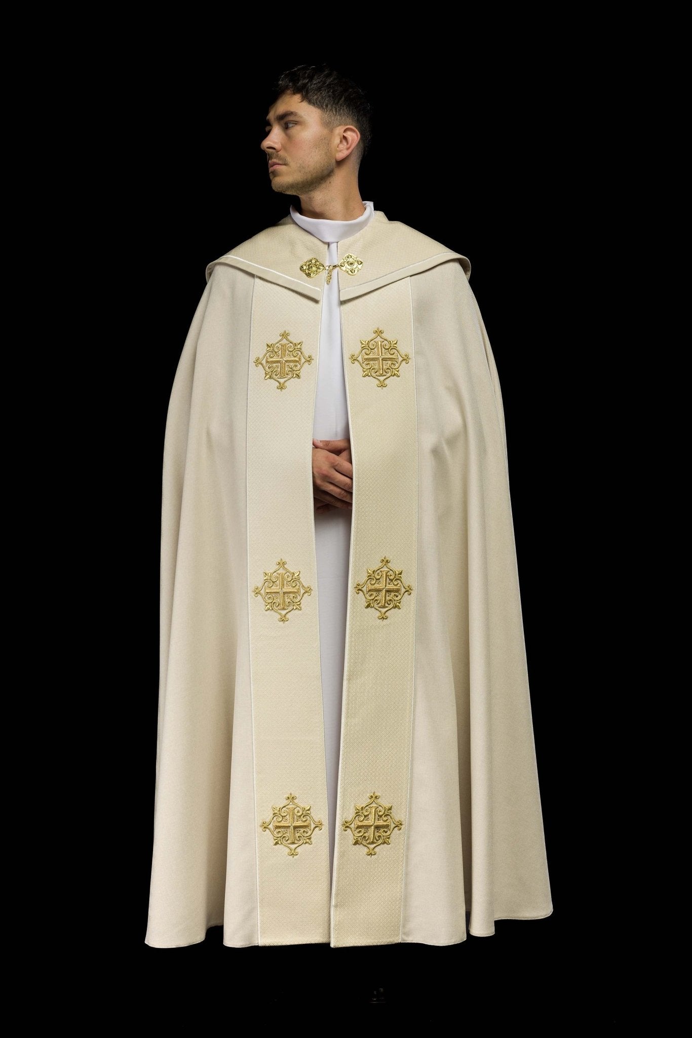 Piviale liturgico con banda in velluto écru e ricamo di croci LE/3029/05 145 cm - PERILPRETE.IT