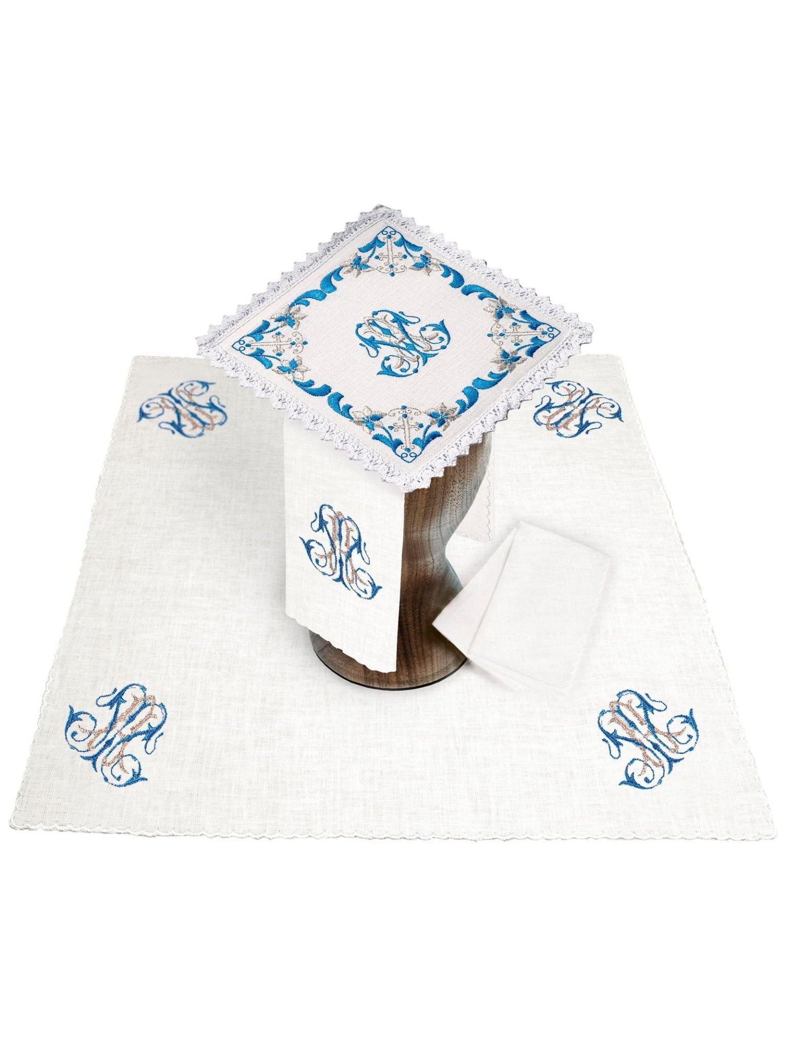 Servizio Messa in lino ricamata blu mariana KKL/092 - PERILPRETE.IT