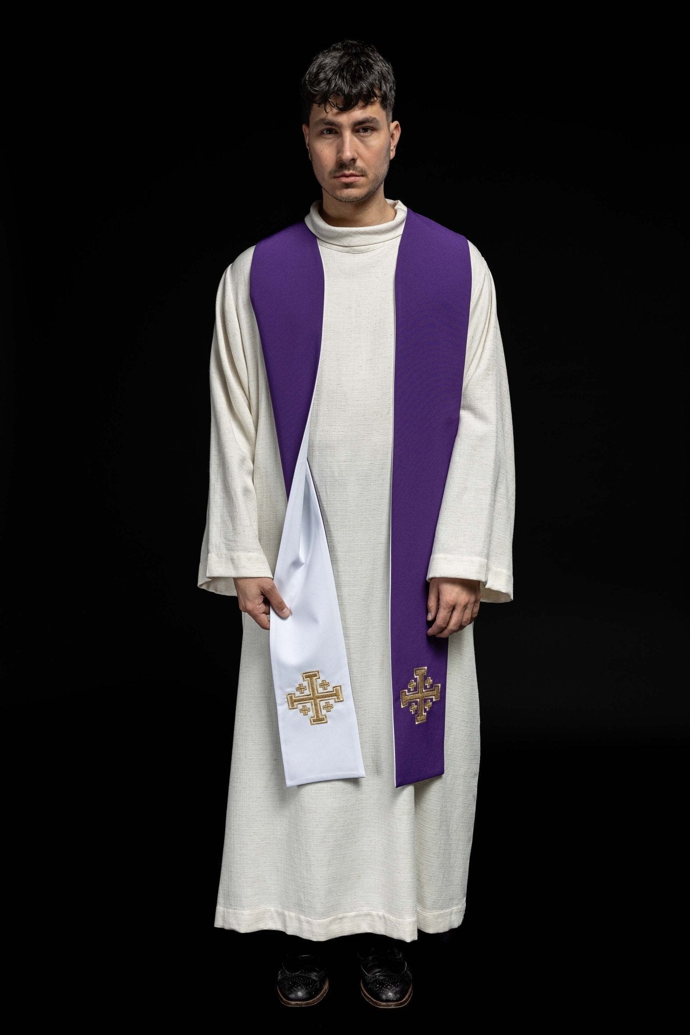Stola bifacciale Croce di Gerusalemme viola e bianca KST/046/03 - 04/01 FILETOWO - BIAŁA - PERILPRETE.IT