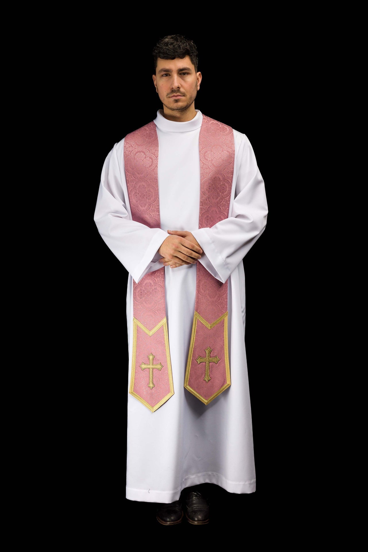 Stola ricamata con motivo a Croce in tessuto jacquard rosa KST/639/08/11 - PERILPRETE.IT