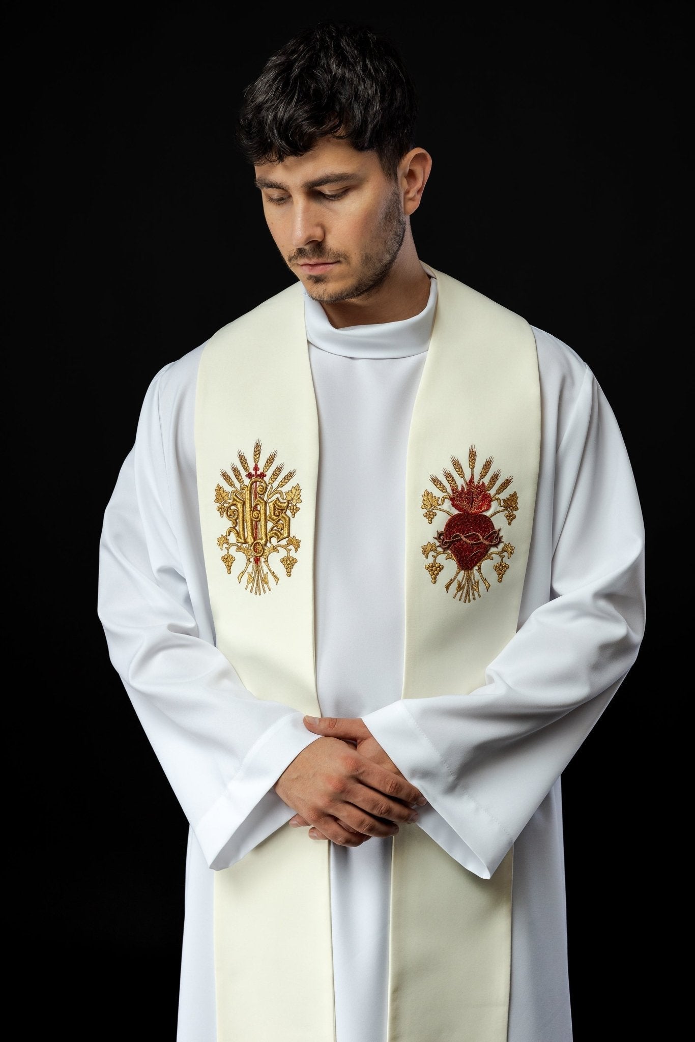 Stola ricamo Croce IHS e Sacro Cuore di Gesù KST/159/05/01 ECRU - PERILPRETE.IT
