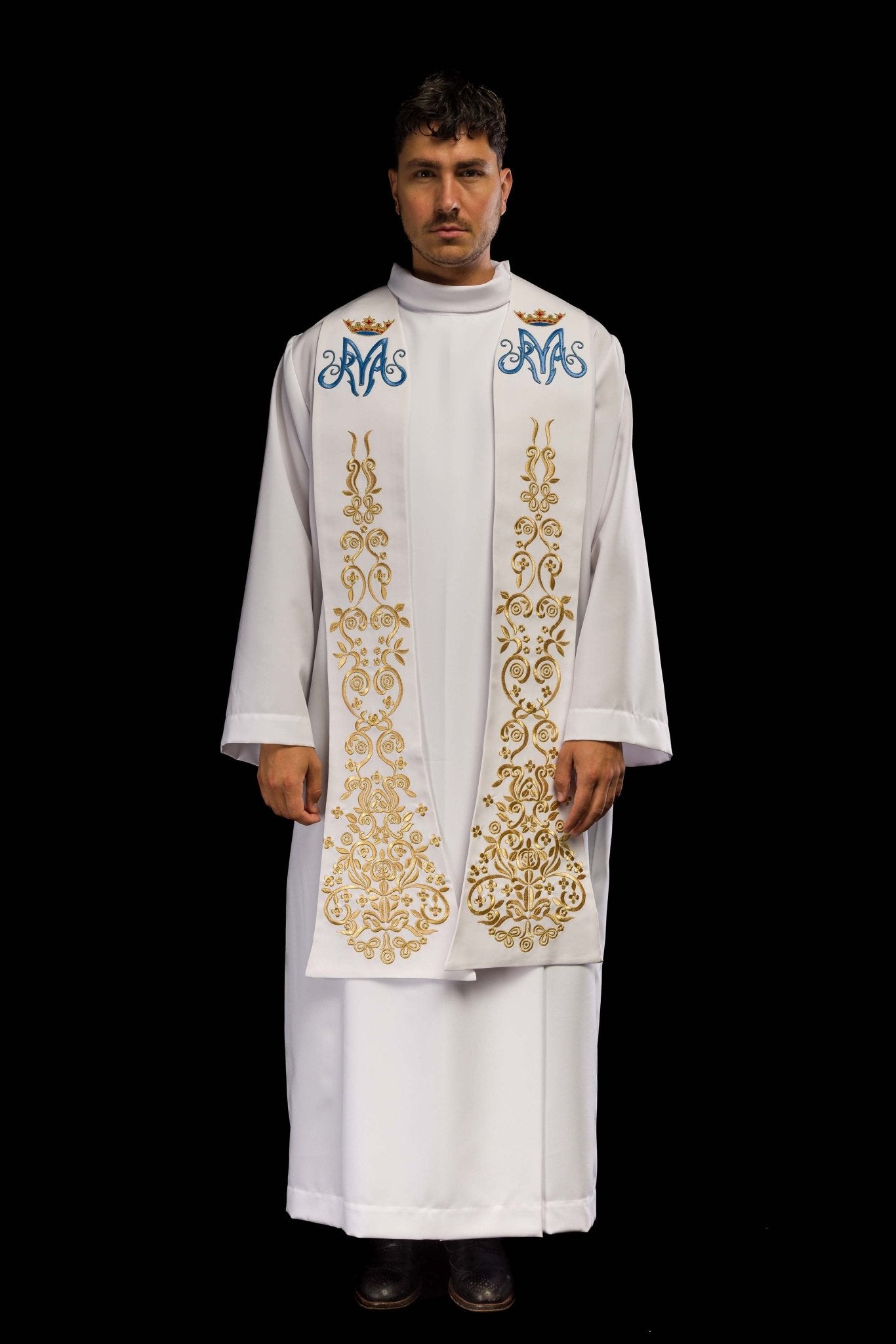 Stola sacerdotale bianca ricamata motivo Mariano con corona KST/040/04/01 BIAŁY - PERILPRETE.IT