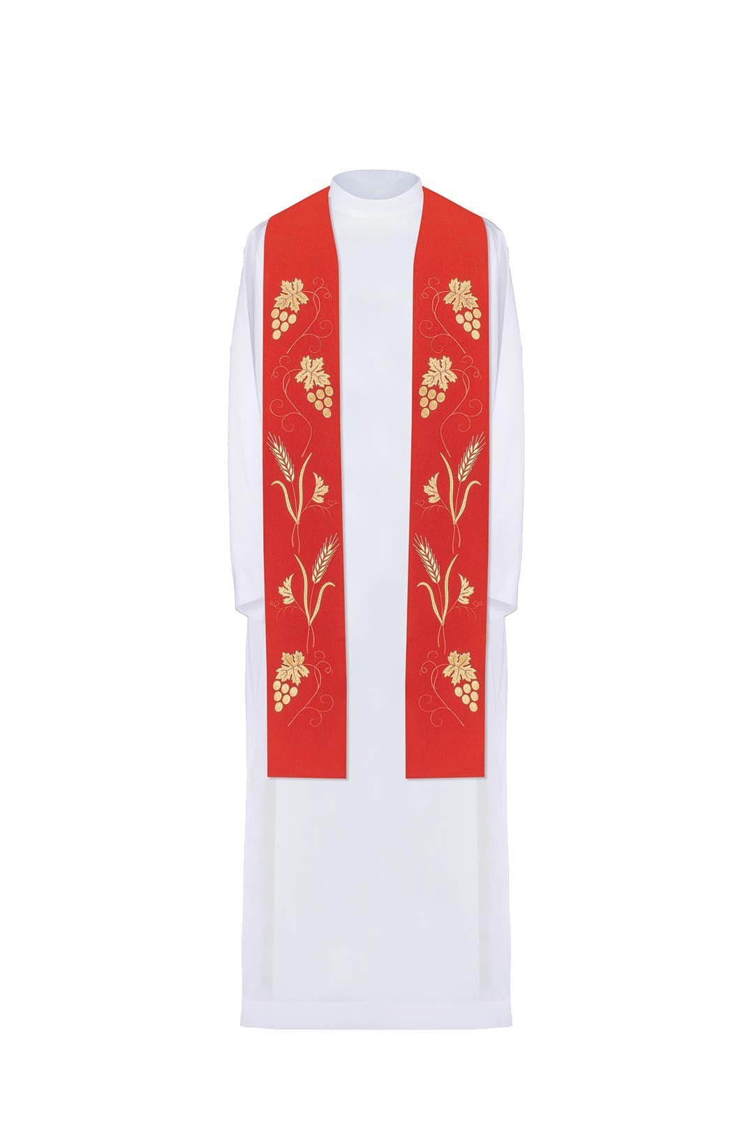 Stola sacerdotale rossa con ricamo ricco di uva e spighe KST/001/02/01 CZERWONY - PERILPRETE.IT