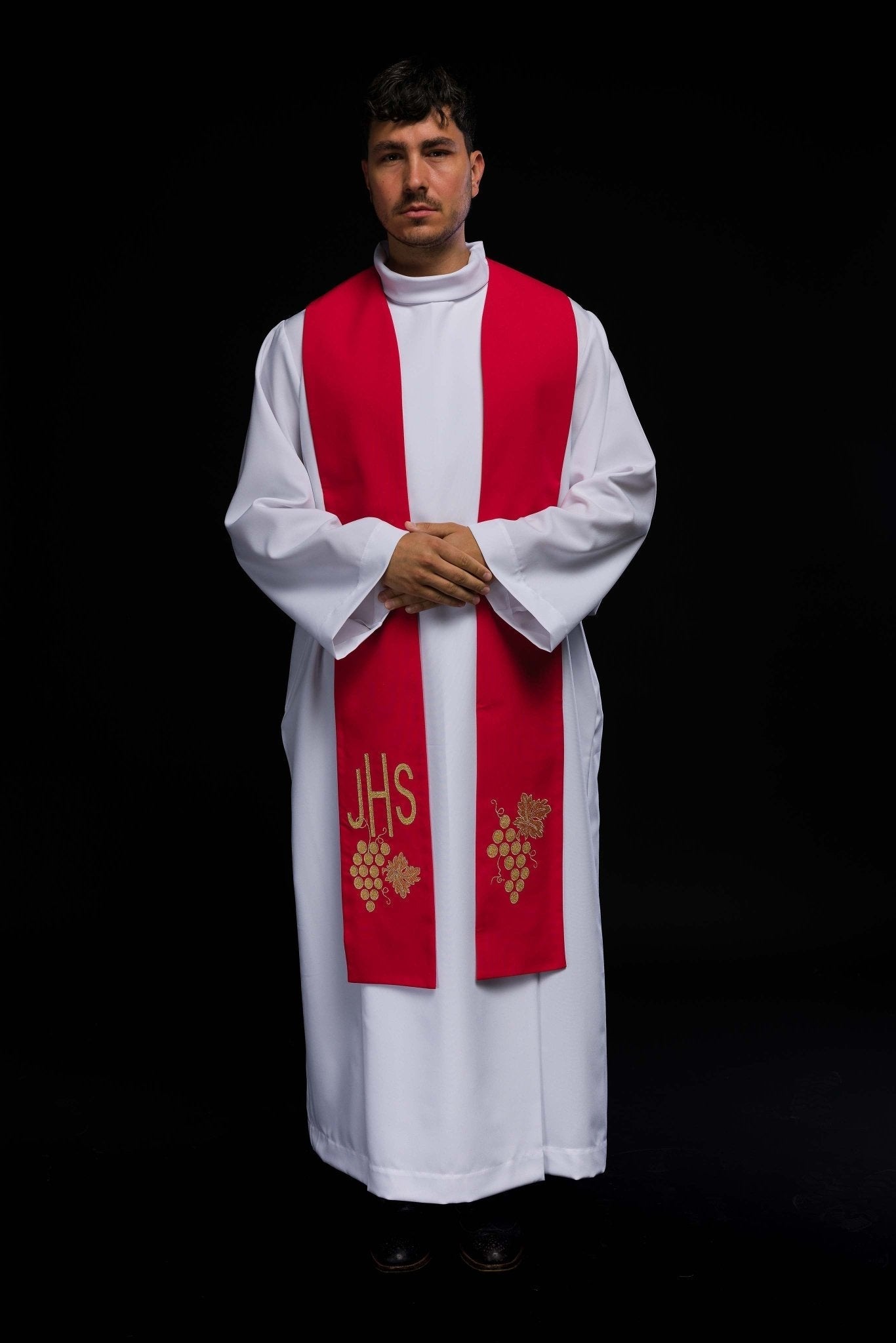 Stola sacerdotale rossa ricamata IHS con uva KST/068/02/01 CZERWONY - PERILPRETE.IT