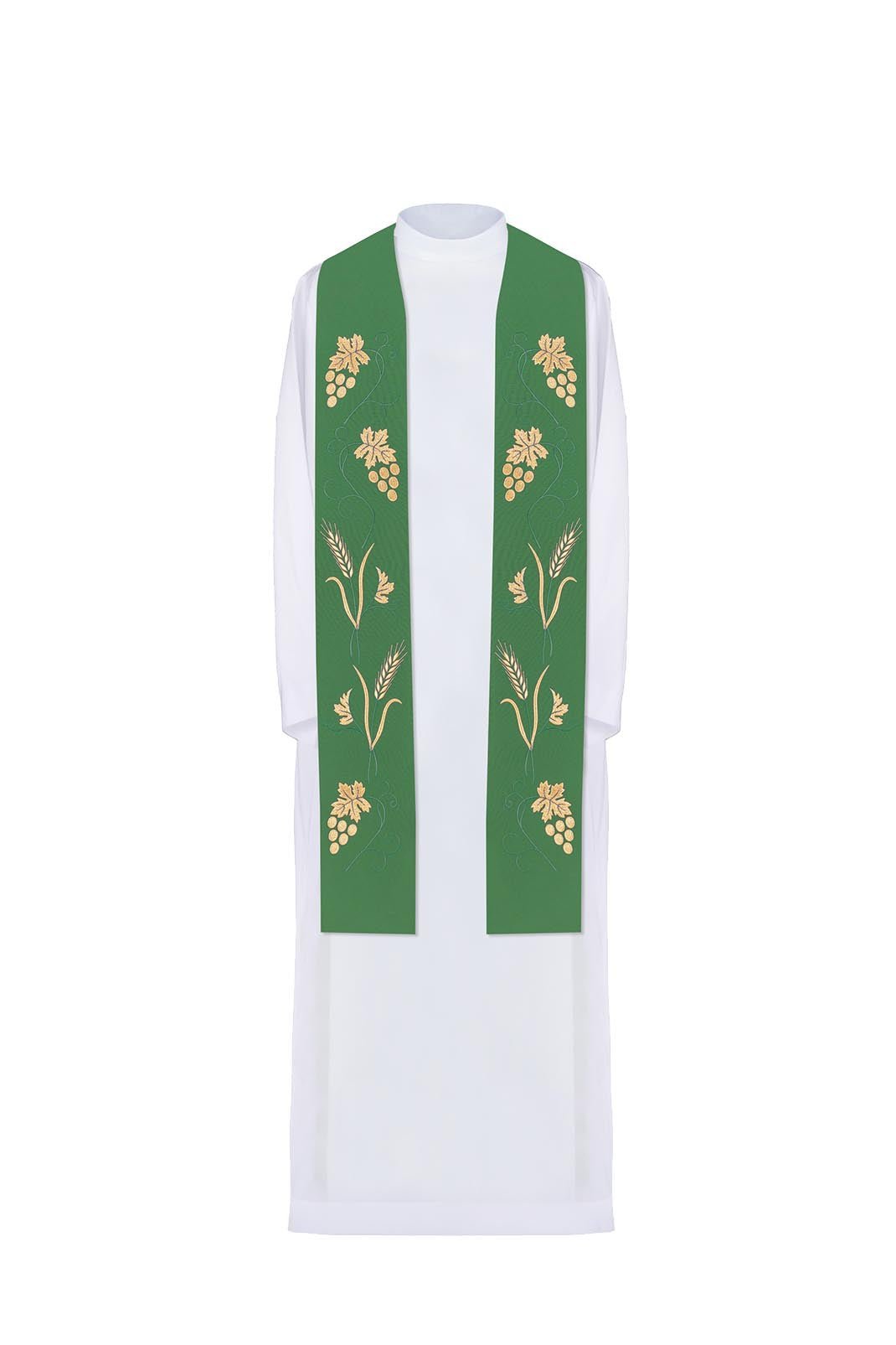 Stola sacerdotale verde con ricamo ricco di uva e spighe KST/001/01/01 ZIELONY - PERILPRETE.IT