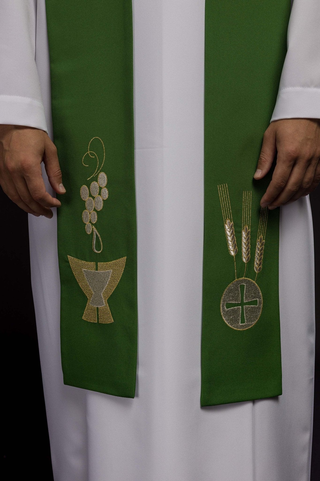 Stola sacerdotale verde ricamata Calice, Spighe e Uva KST/009/01/01 ZIELONY - PERILPRETE.IT