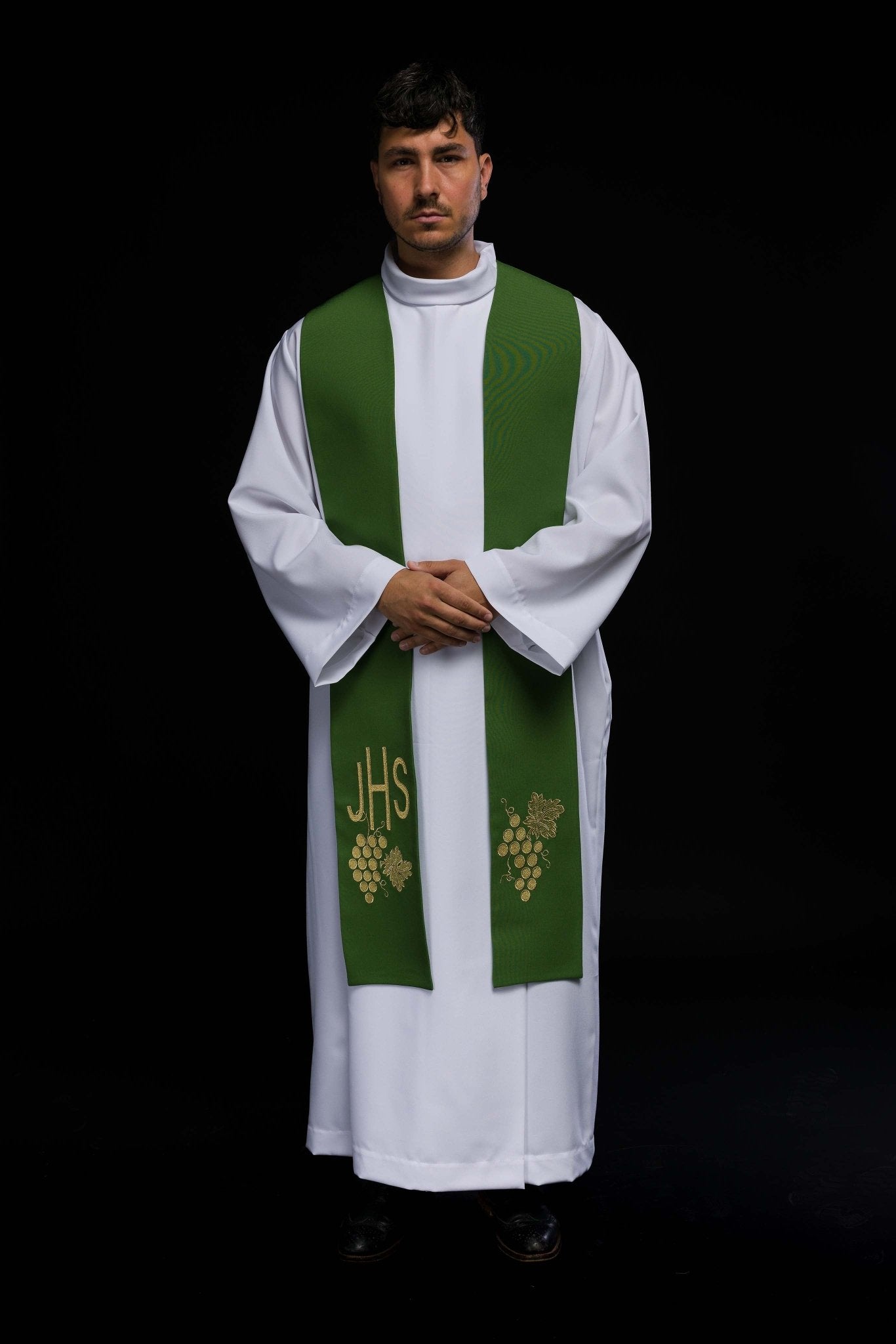 Stola sacerdotale verde ricamata IHS con uva KST/068/01/01 ZIELONY - PERILPRETE.IT