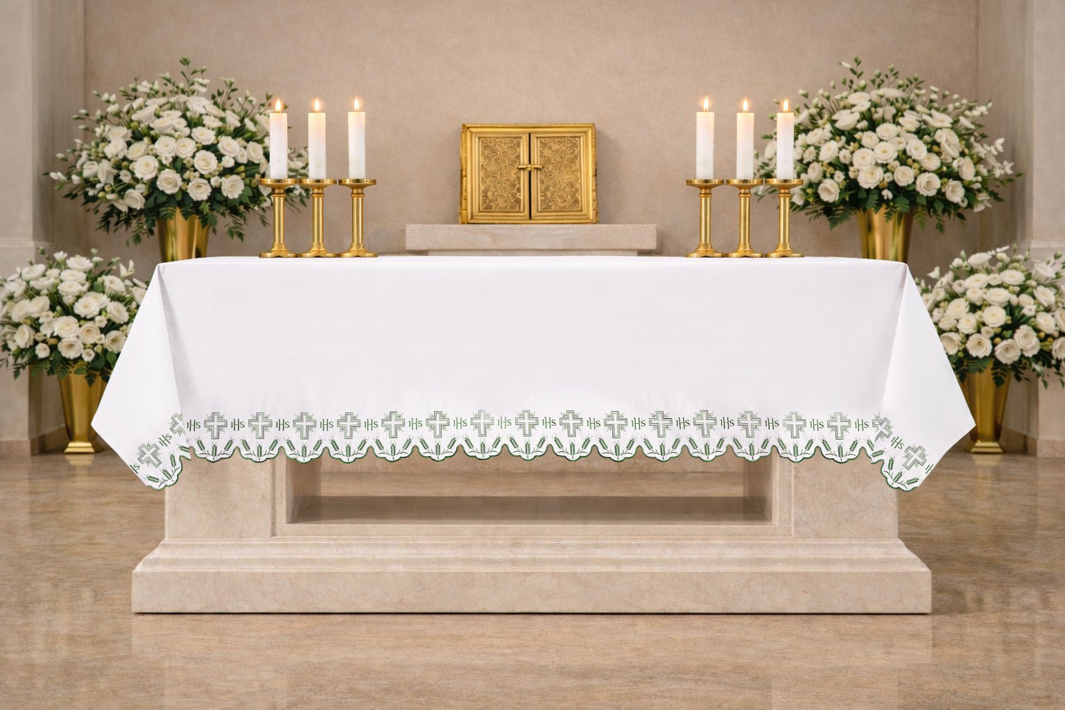 Tovaglia d’altare con ricamo di croci verdi e finitura decorativa KOO/040/C4 150*300 - PERILPRETE.IT