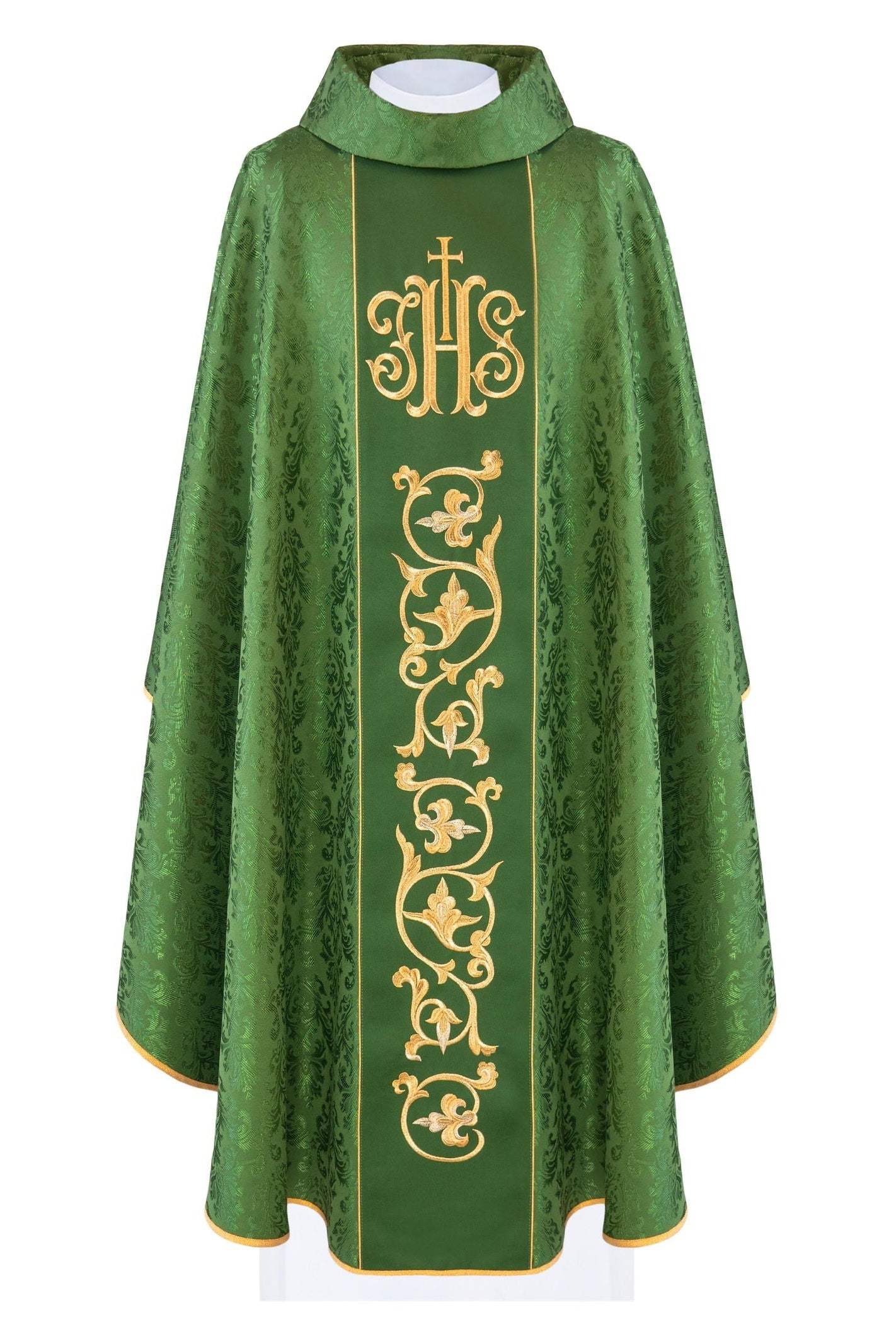 Casula liturgica verde con stolone e ricamo IHS riccamente decorata